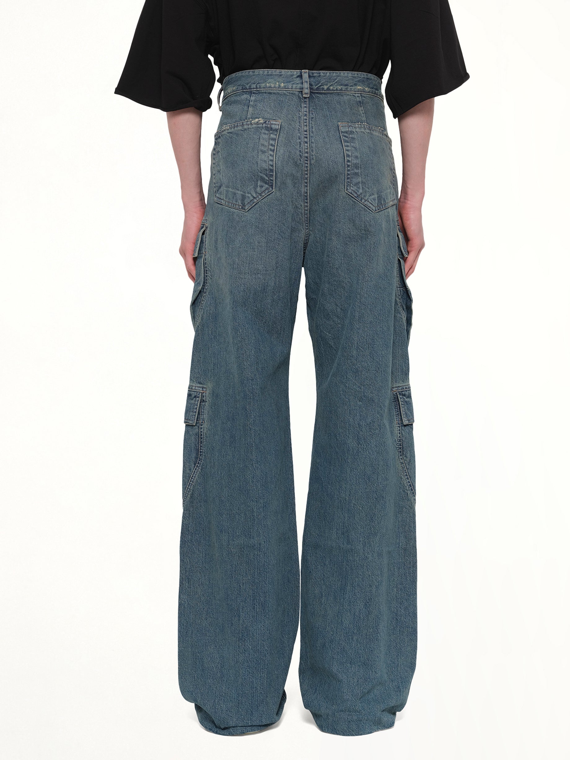 RICK OWENS DRKSHDW Double Cargo Jeans in Washed Indigo Back View from MARAIS