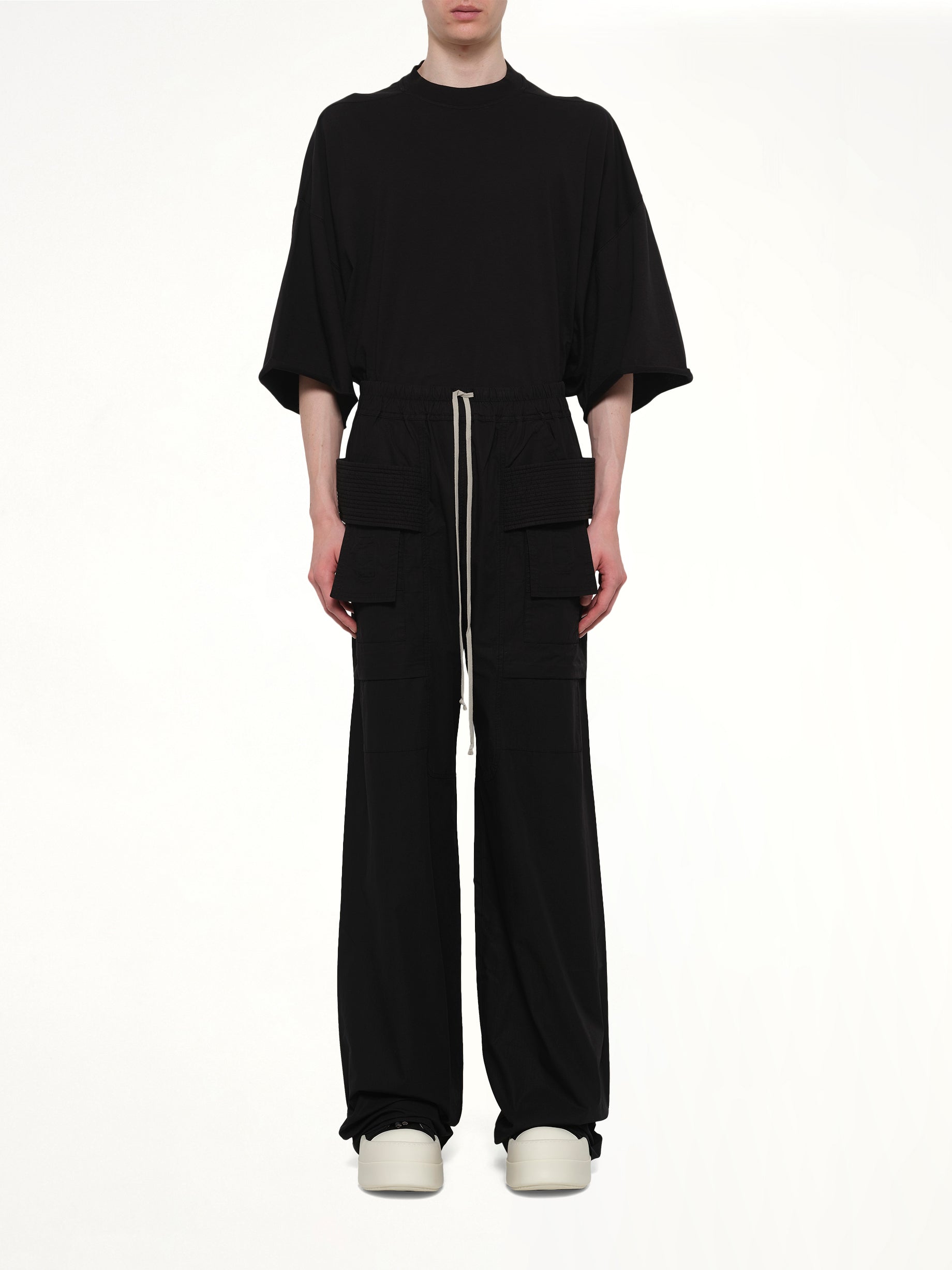 RICK OWENS DRKSHDW Creatch Wide Cargo Drawstring in Black Model View from MARAIS