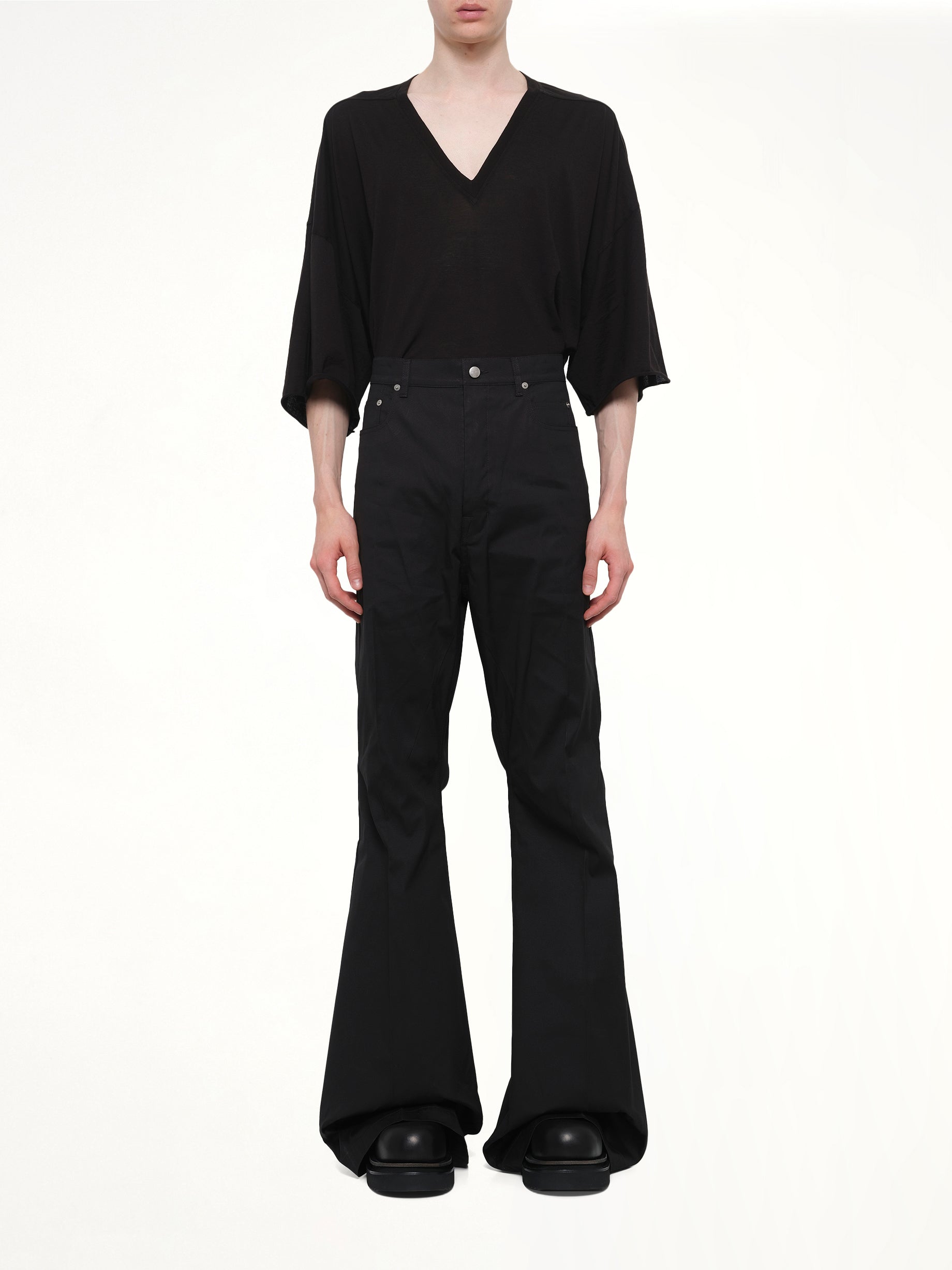 RICK OWENS Cotton Poplin Bolan Bootcut in Black Model View from MARAIS