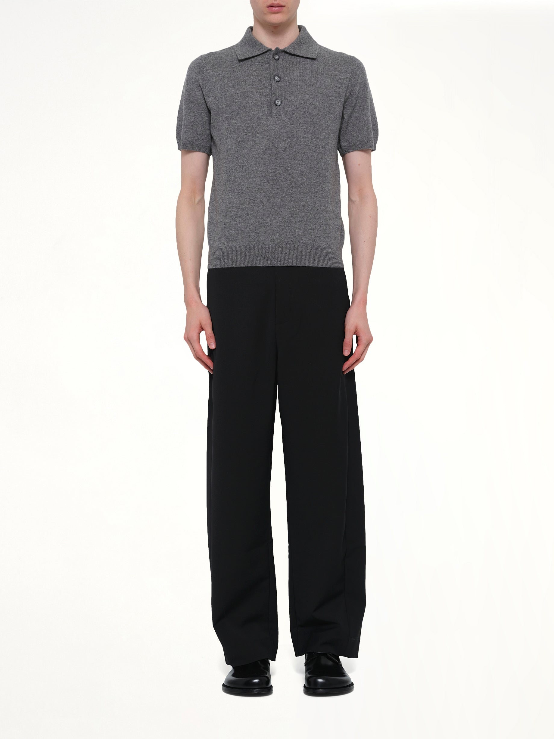 ENTIRE STUDIOS Short Sleeve Knit Polo in Concrete Model View from MARAIS