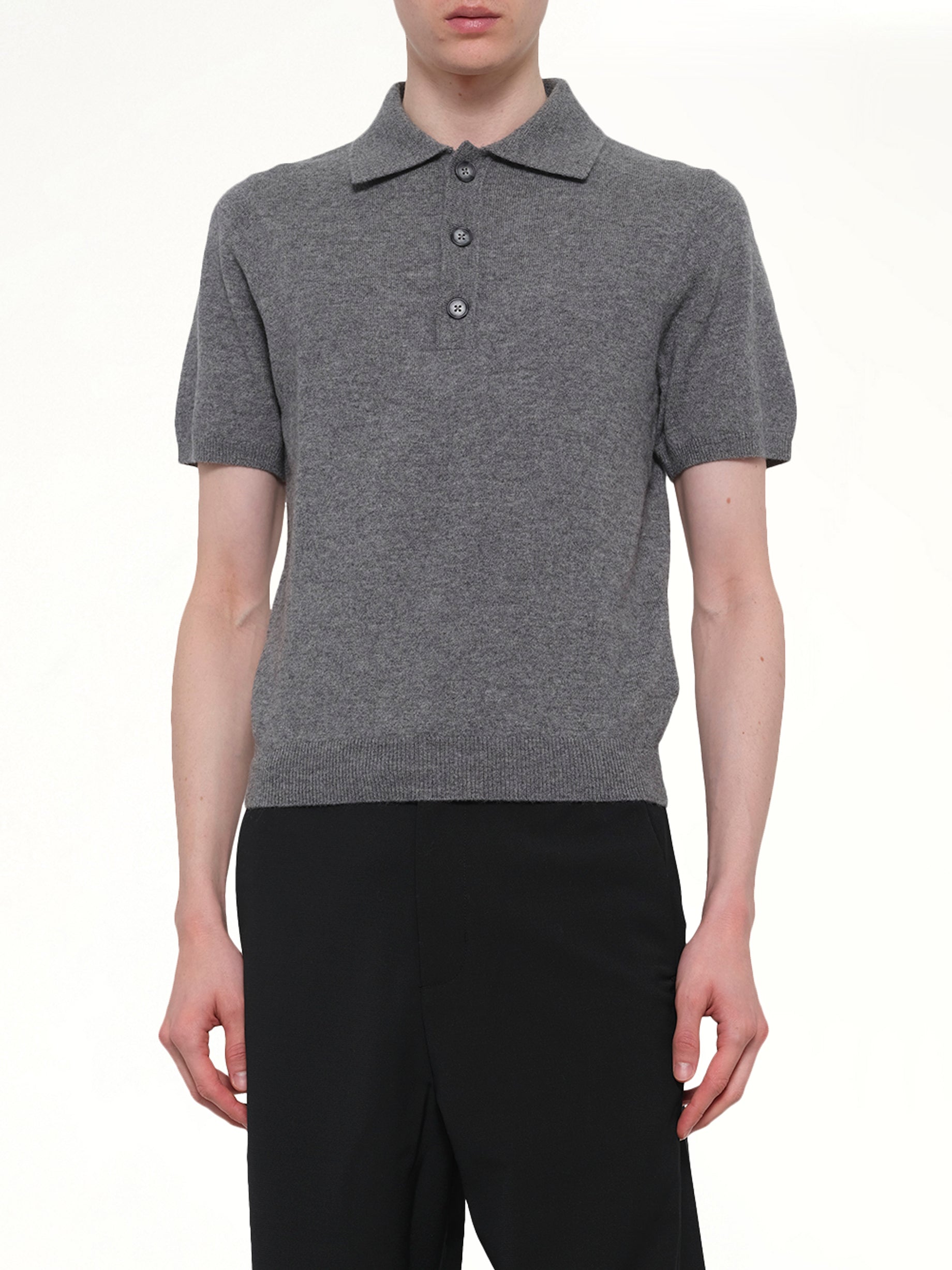 ENTIRE STUDIOS Short Sleeve Knit Polo in Concrete Detail Shot from MARAIS