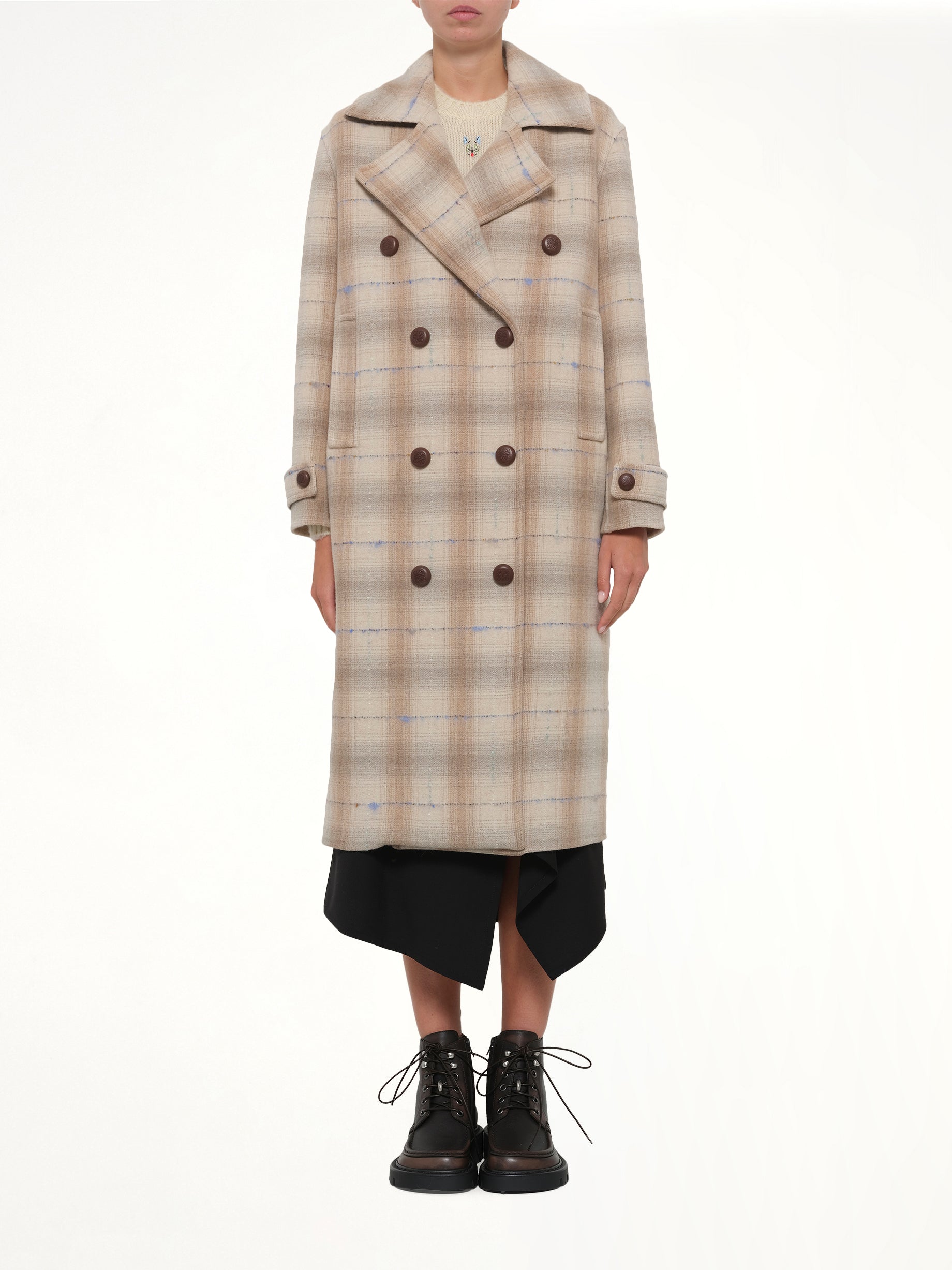 LOEWE Wool Check Coat in Beige Model View from MARAIS