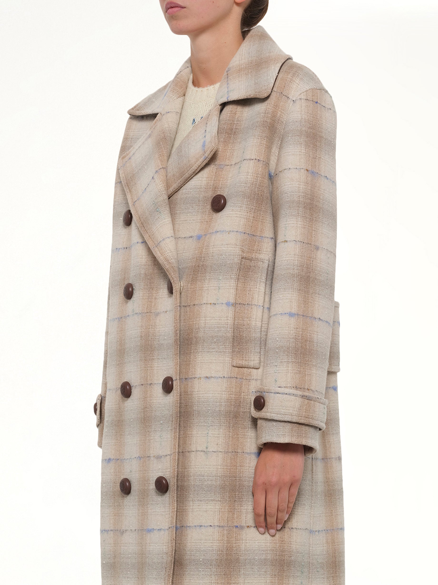 LOEWE Wool Check Coat in Beige Side View from MARAIS