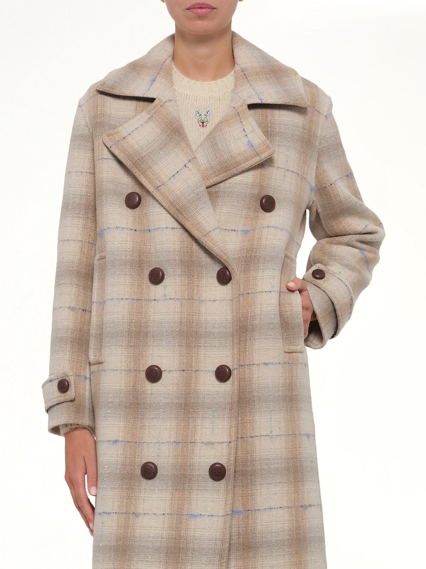 Wool Check Coat in Beige