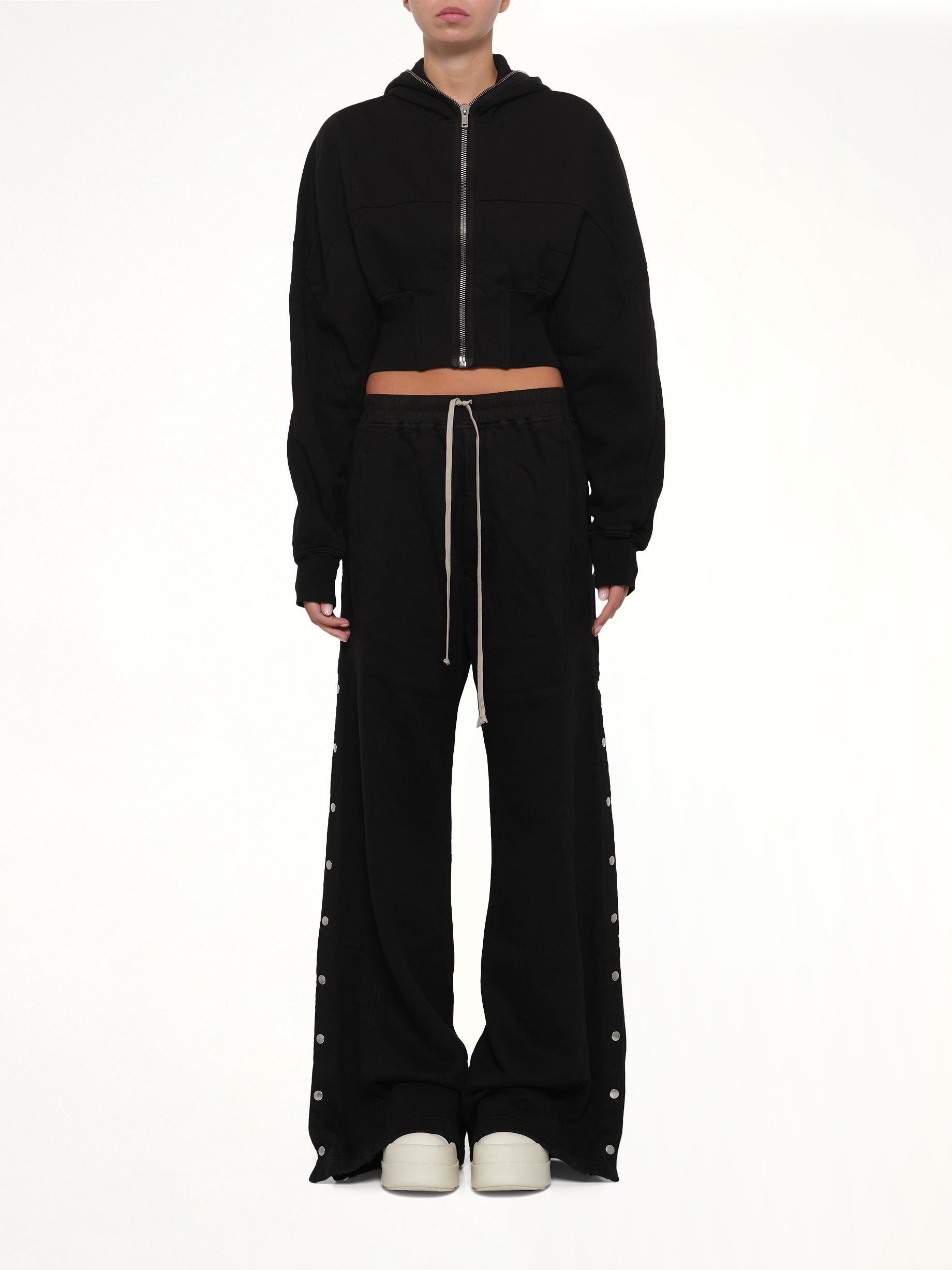 RICK OWENS DRKSHDW Wide Pusher Pants in Black Model View from MARAIS