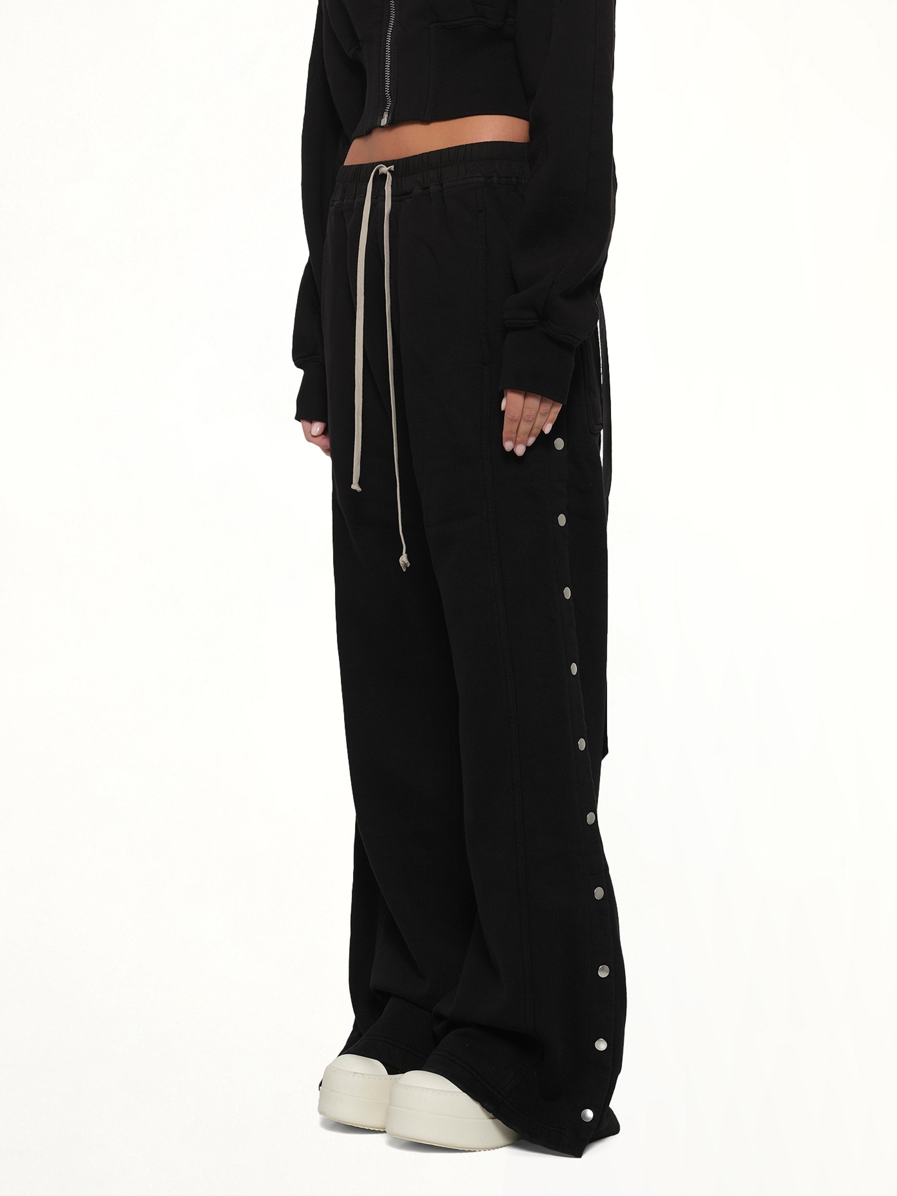 RICK OWENS DRKSHDW Wide Pusher Pants in Black Side View from MARAIS