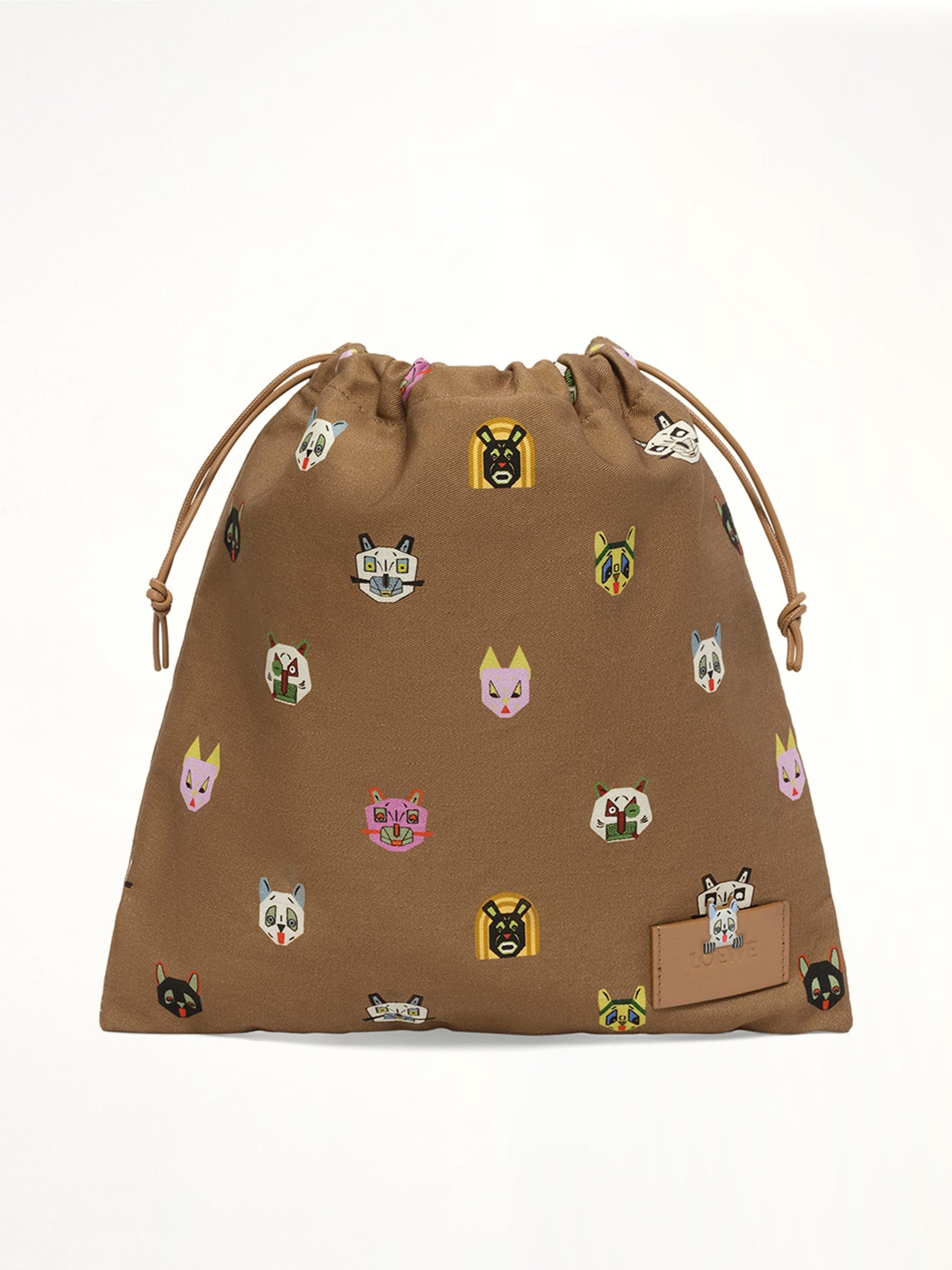 Drawstring Pouch Cats in Mocha