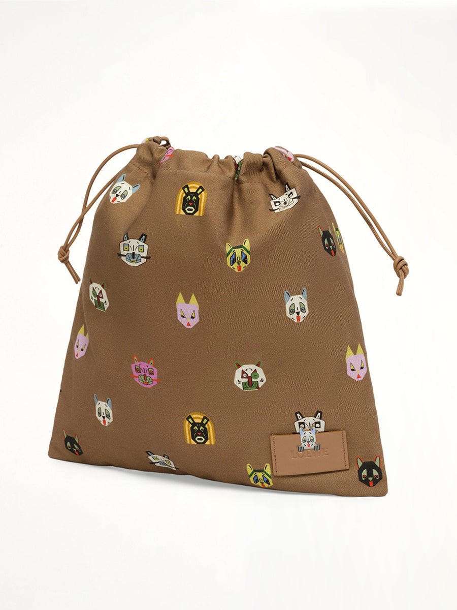 Drawstring Pouch Cats in Mocha