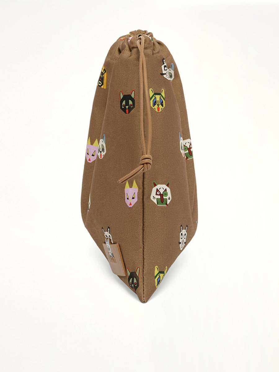 Drawstring Pouch Cats in Mocha