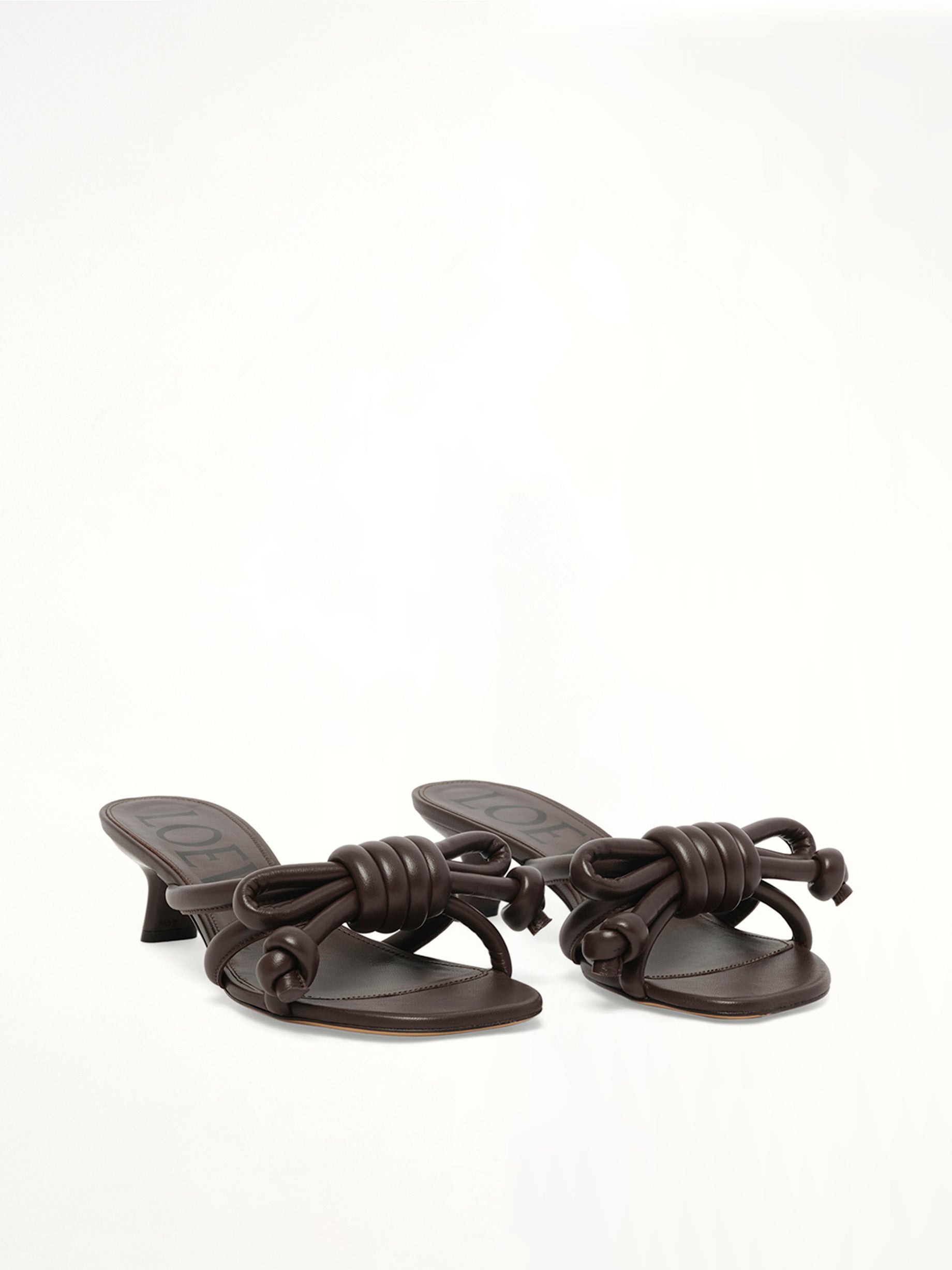 LOEWE Flamenco Knot Sandal 45H in Dark Brownie Front View from MARAIS