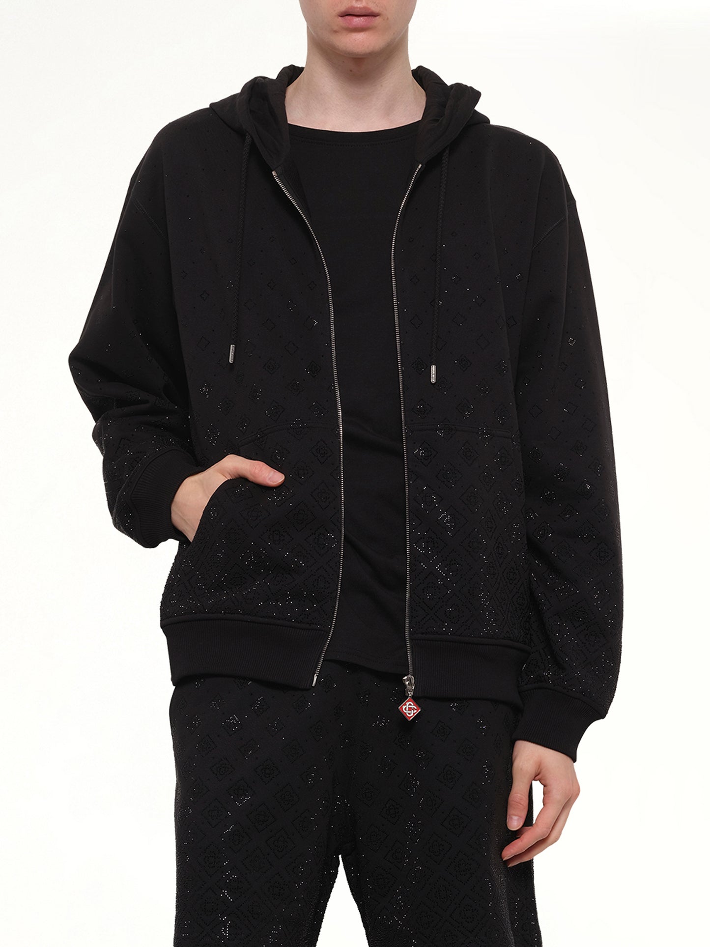 Crystal Monogram Zip-Up Hoodie in Black