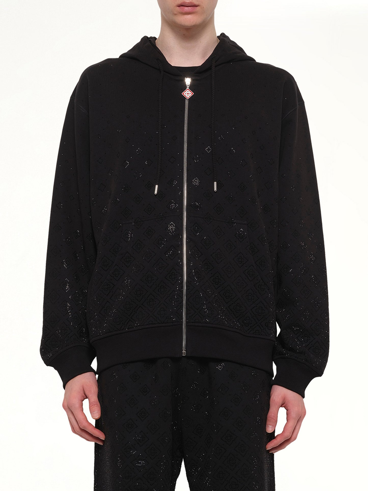 Crystal Monogram Zip-Up Hoodie in Black