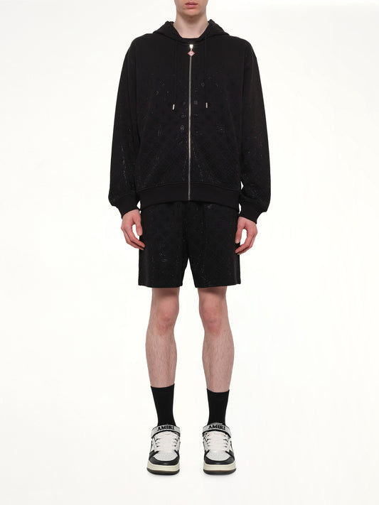 Crystal Monogram Zip-Up Hoodie in Black