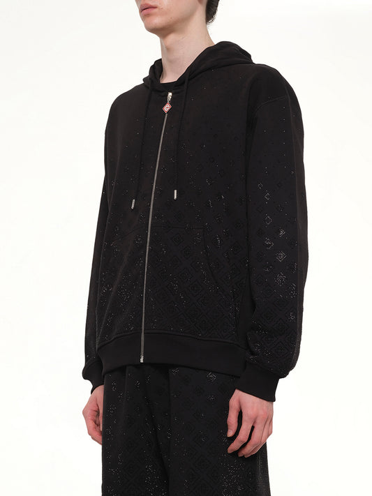 Crystal Monogram Zip-Up Hoodie in Black