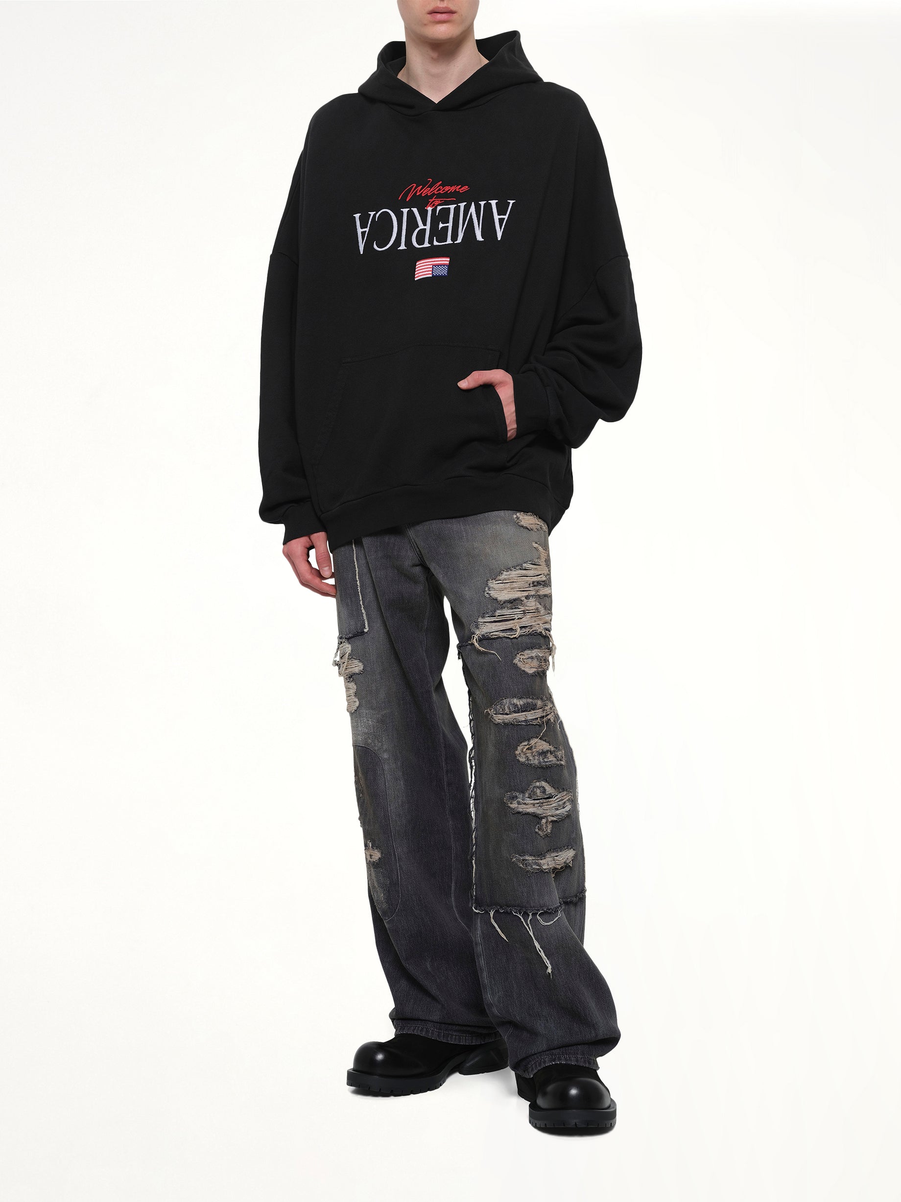 WILLY CHAVARRIA Welcome To America Hooligan Hoodie in Black Full Reference from MARAIS