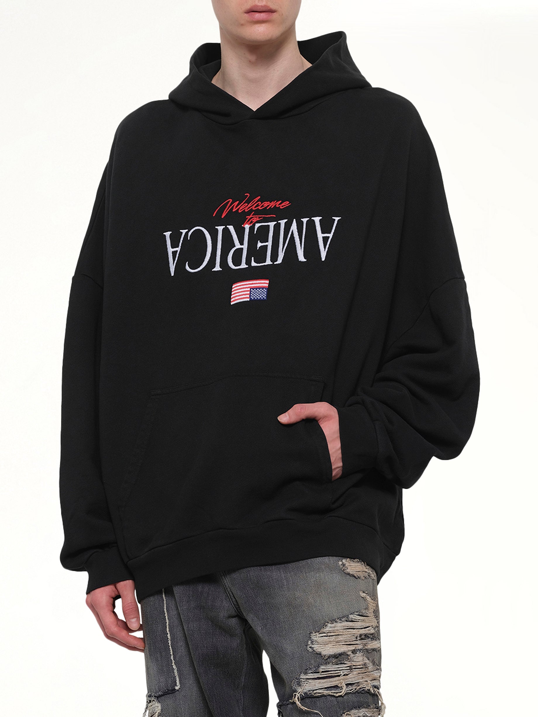 WILLY CHAVARRIA Welcome To America Hooligan Hoodie in Black Detail Shot from MARAIS