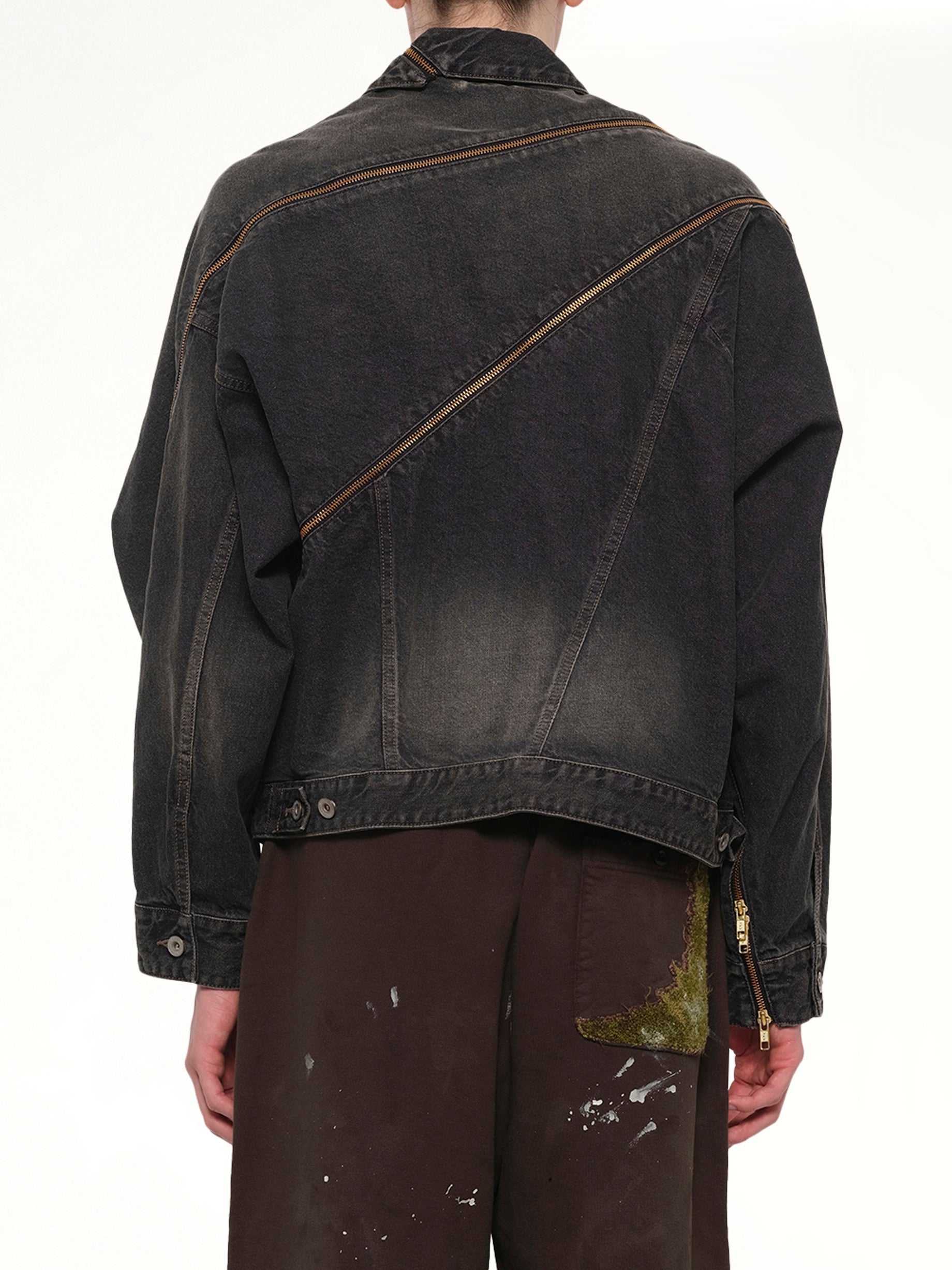 DOUBLET , Filleted Zip Denim Jacket in Black Back View from MARAIS