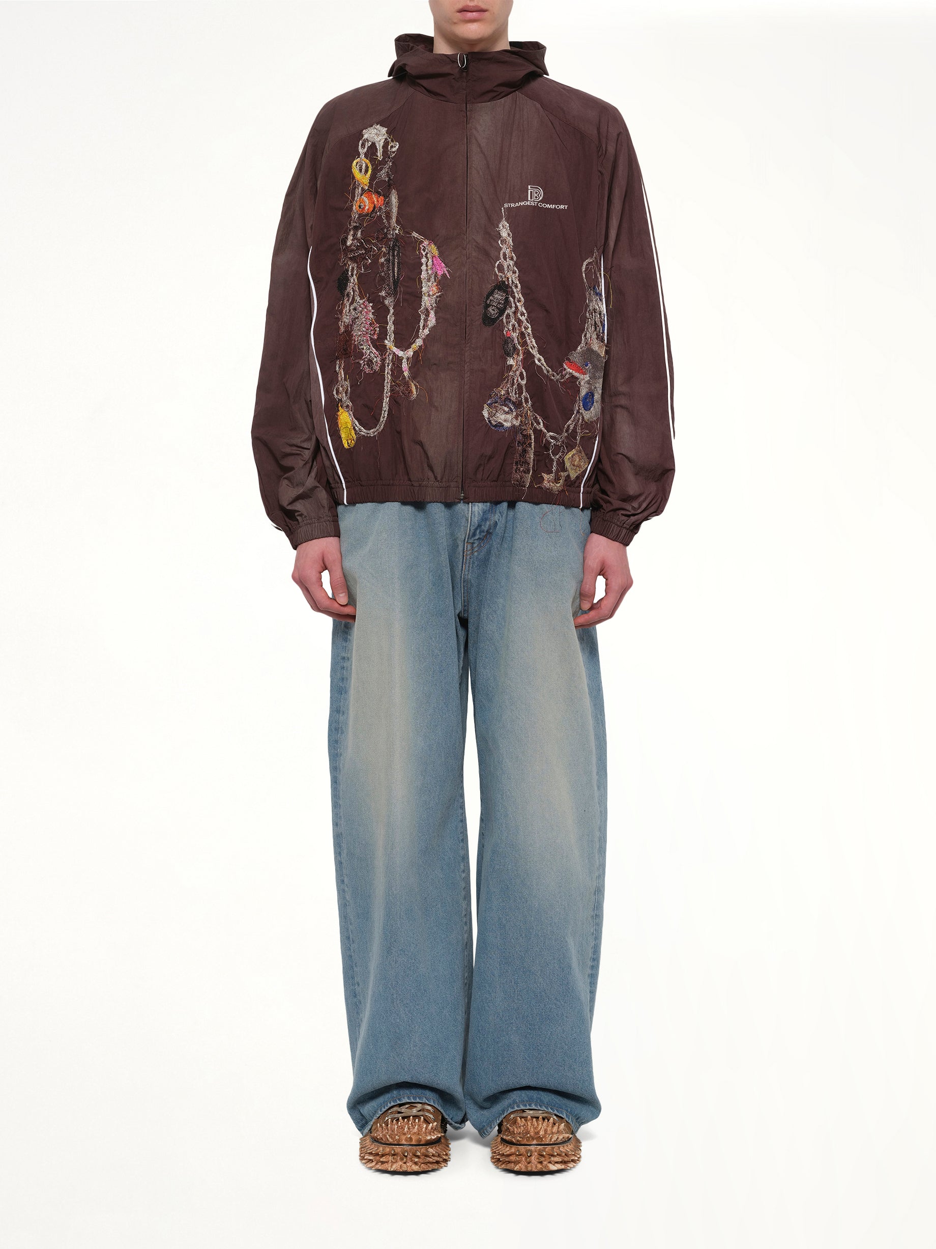 DOUBLET Embroidered Chain Track Jacket in Chacoal Model View from MARAIS