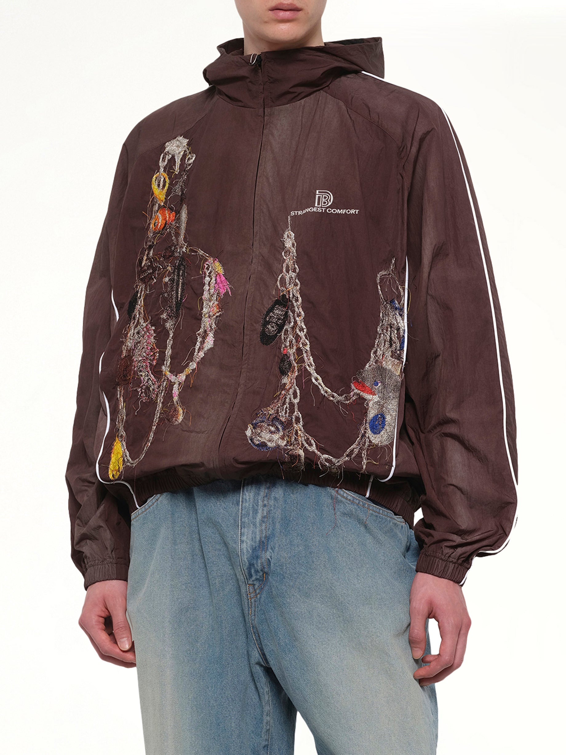 DOUBLET Embroidered Chain Track Jacket in Chacoal Detail Shot from MARAIS