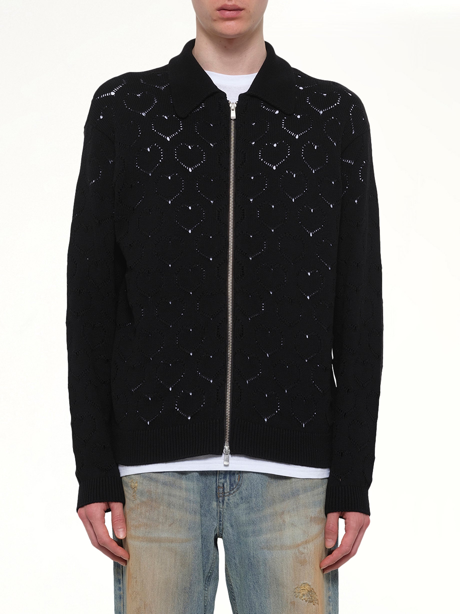 Eyelet Knitted Zip Up in Black