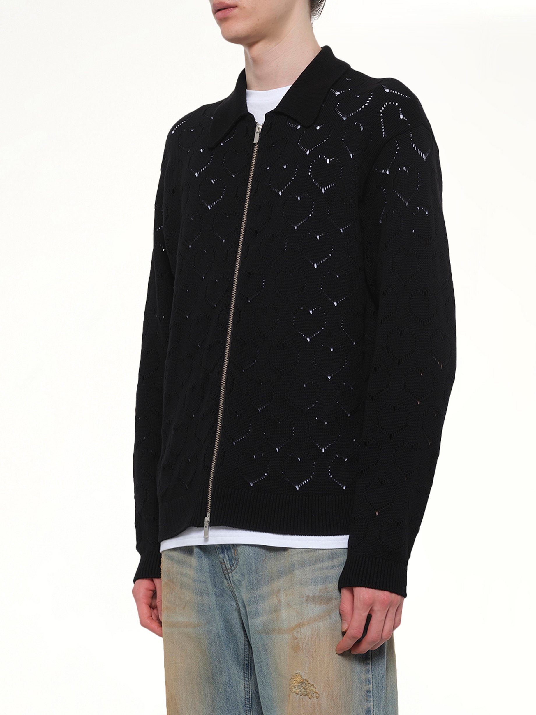 Eyelet Knitted Zip Up in Black