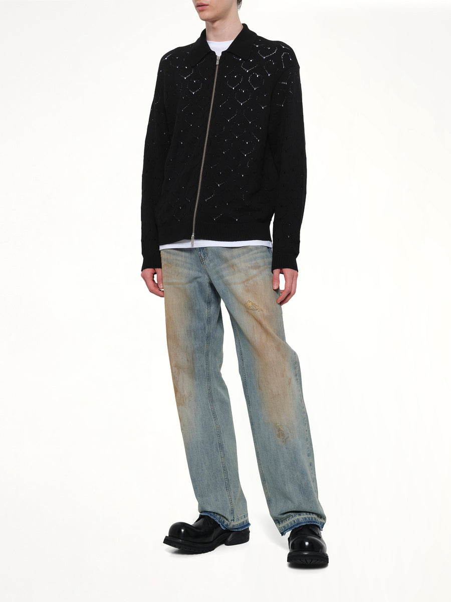 Eyelet Knitted Zip Up in Black