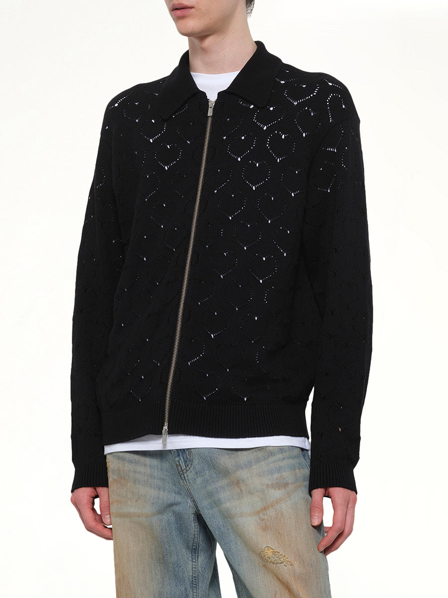 Eyelet Knitted Zip Up in Black