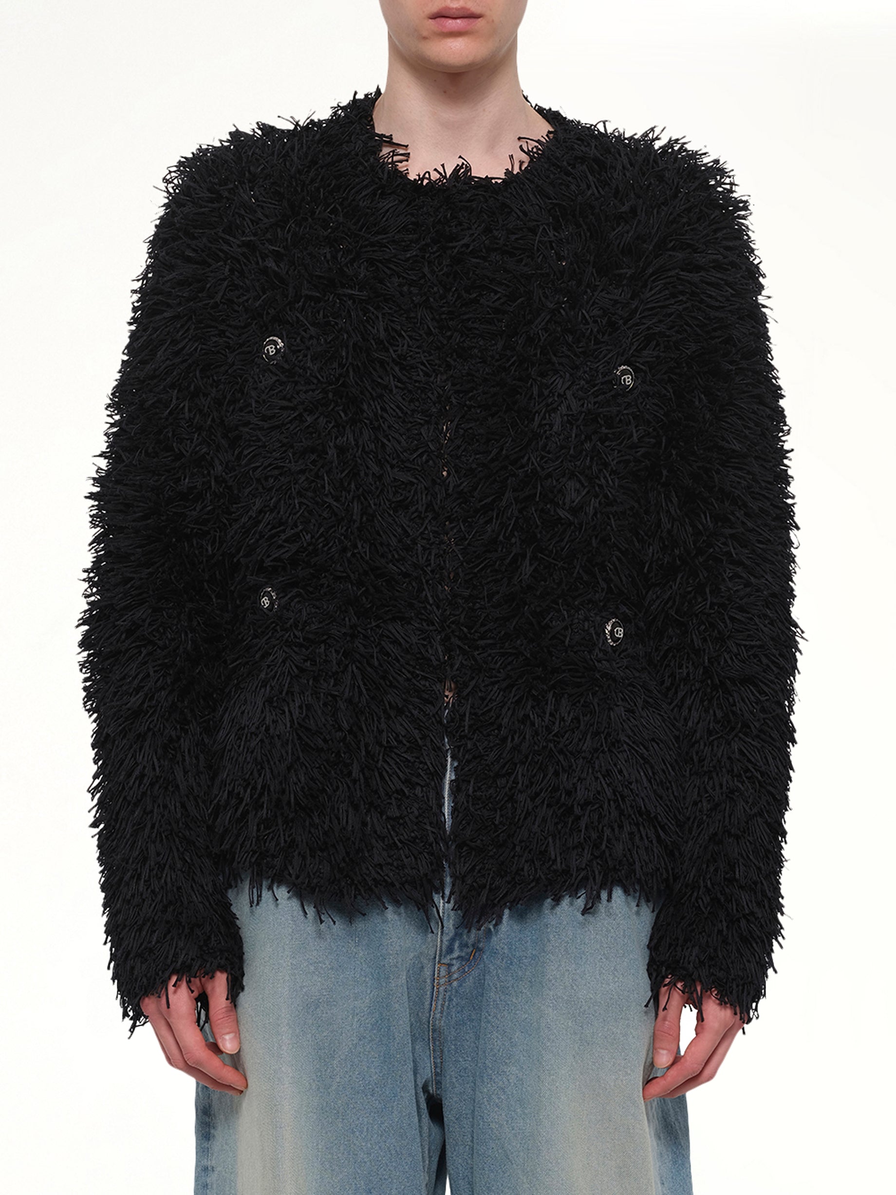 Straw Tweed Knit Cardigan in Black