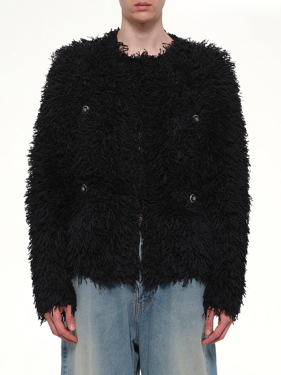 Straw Tweed Knit Cardigan in Black