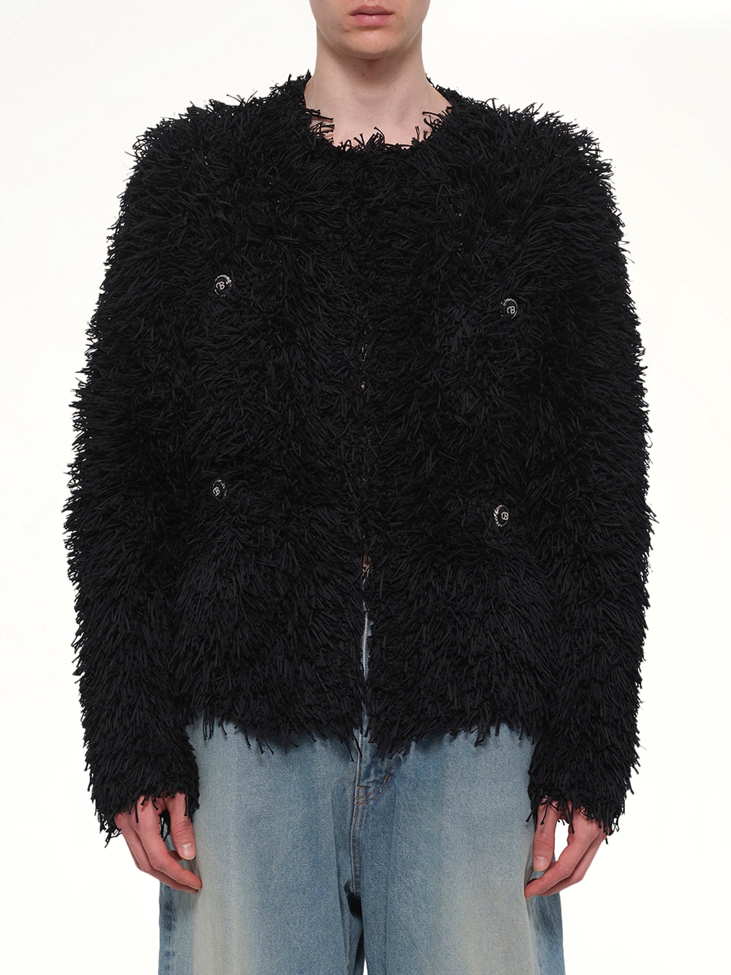 Straw Tweed Knit Cardigan in Black