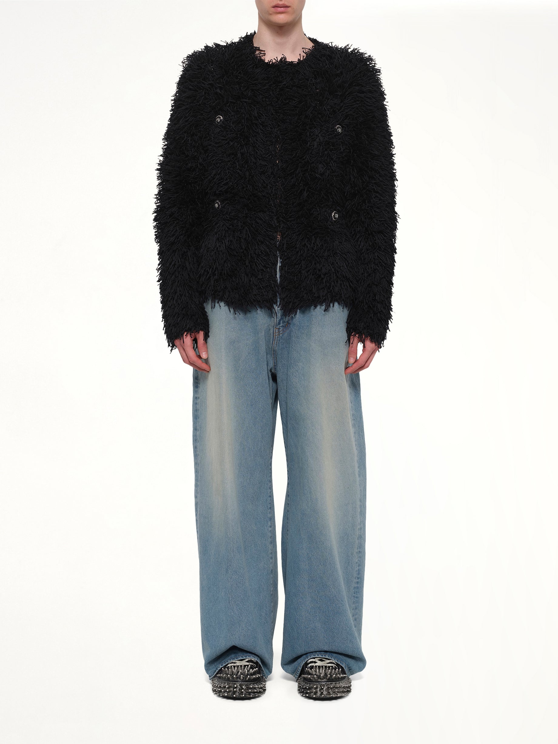 DOUBLET Straw Tweed Knit Cardigan in Black Model View from MARAIS