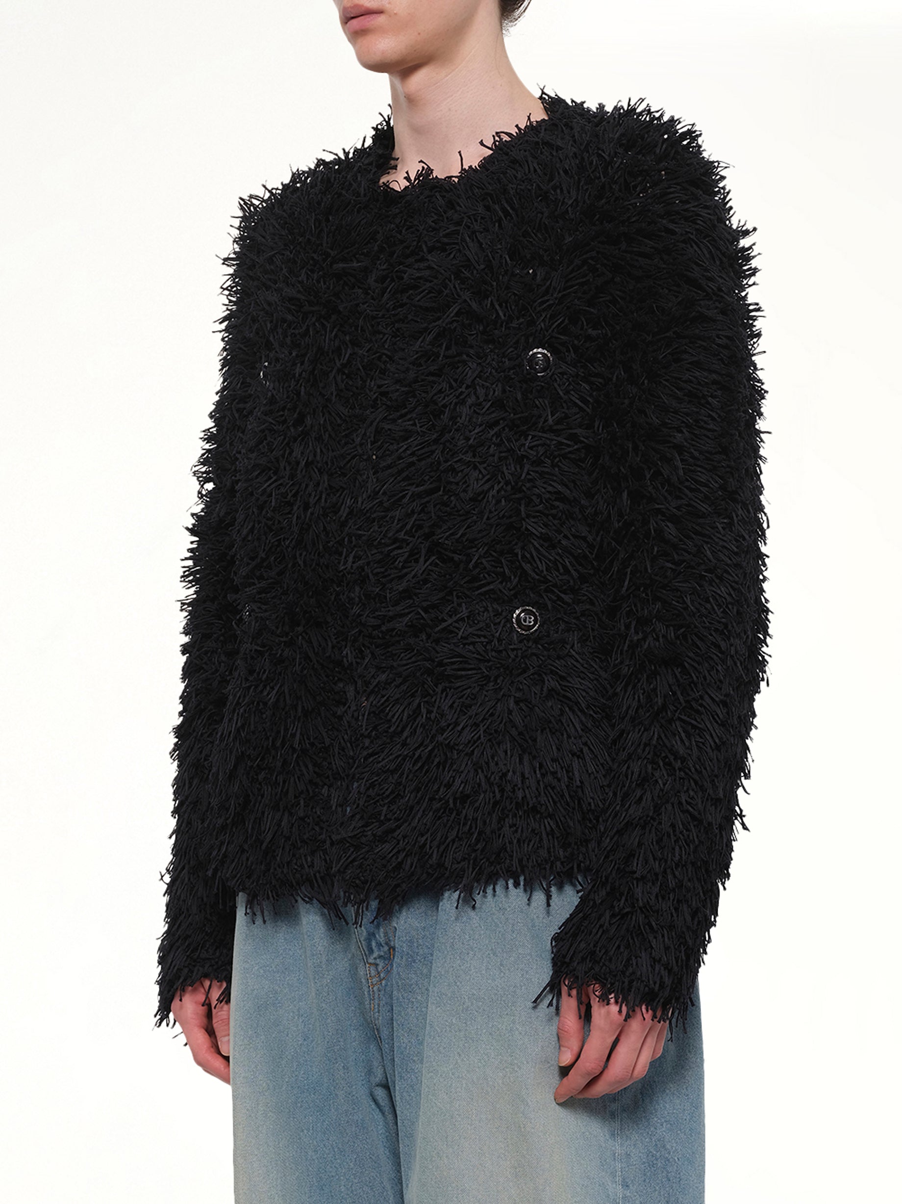 DOUBLET Straw Tweed Knit Cardigan in Black Side View from MARAIS