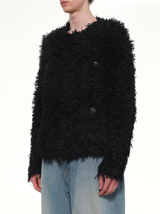 Straw Tweed Knit Cardigan in Black