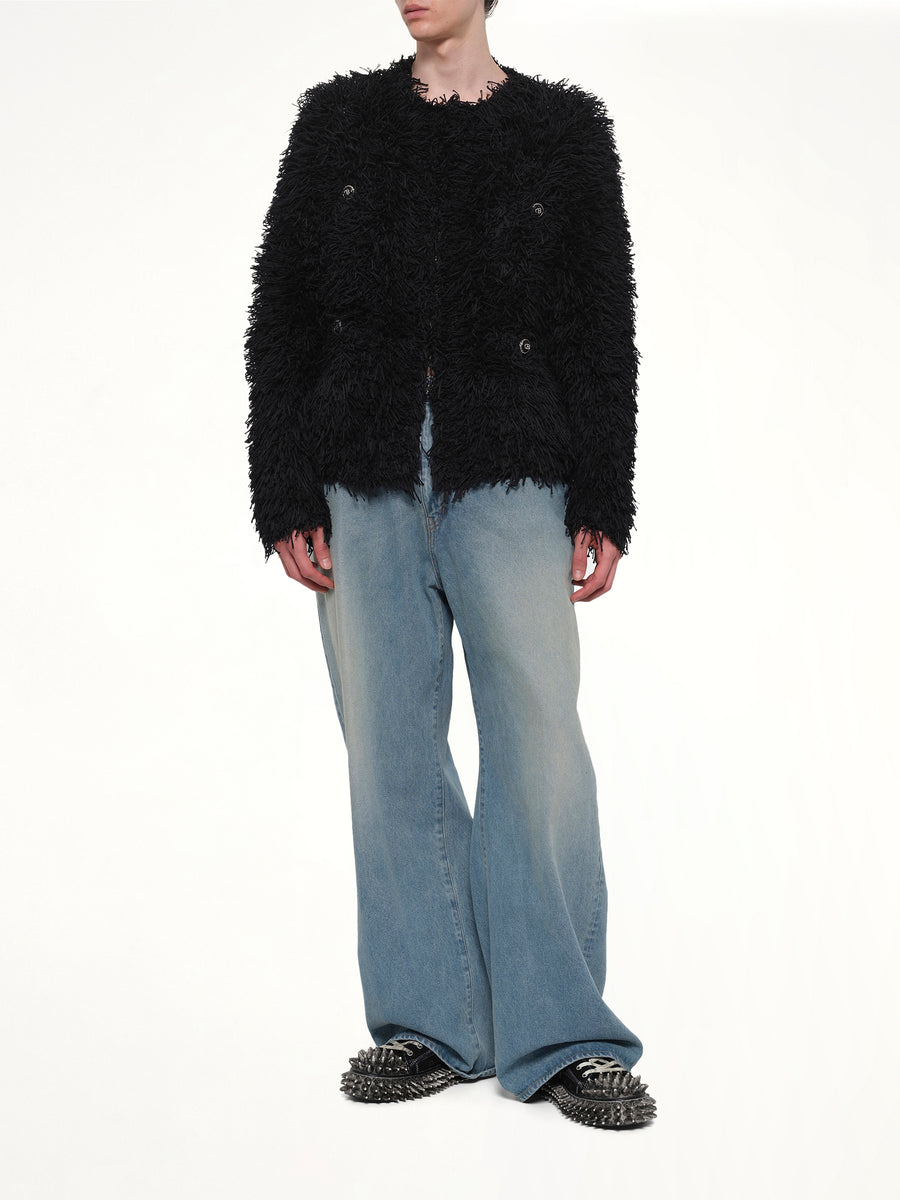 Straw Tweed Knit Cardigan in Black