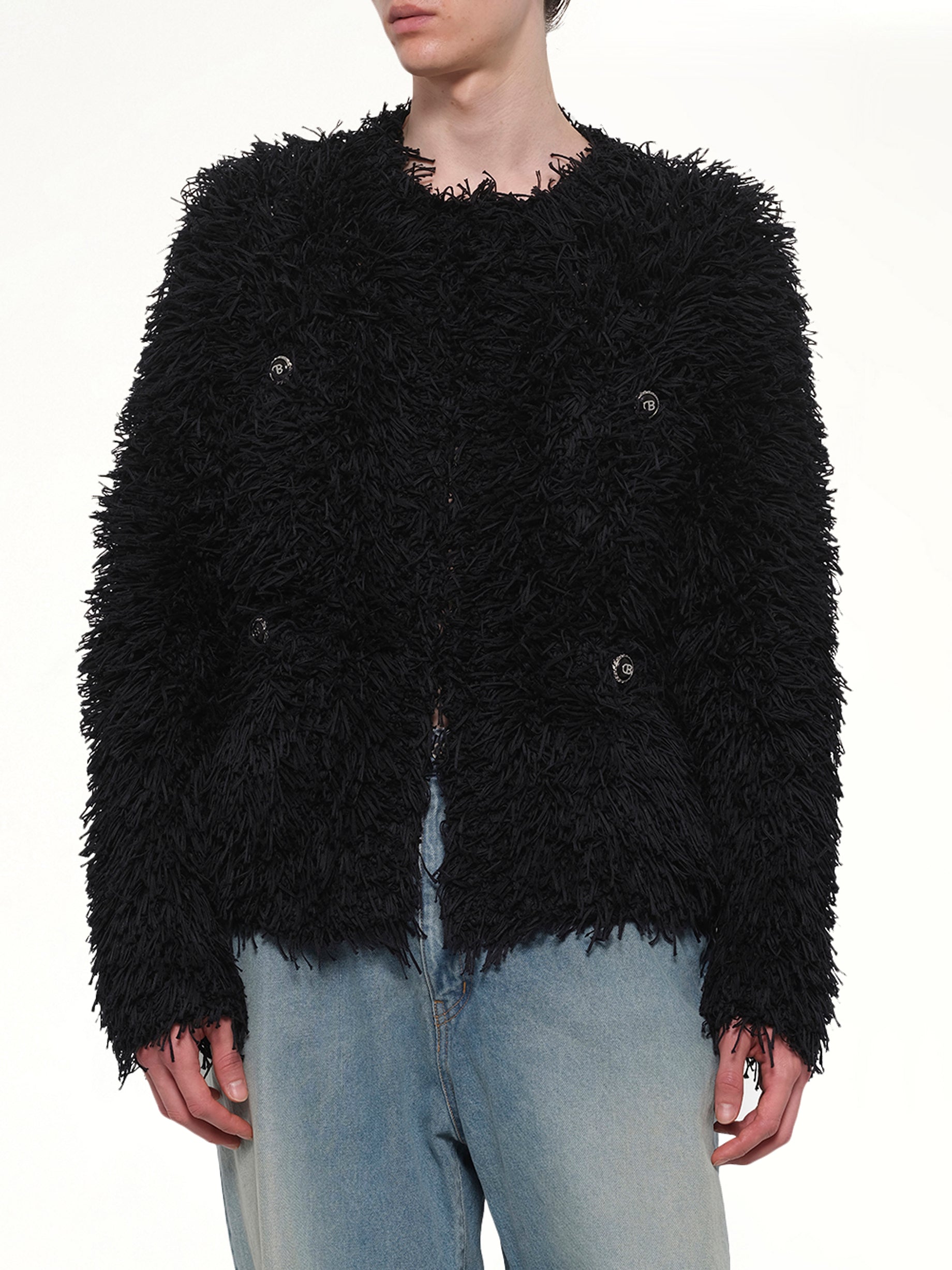 DOUBLET Straw Tweed Knit Cardigan in Black Detail Shot from MARAIS