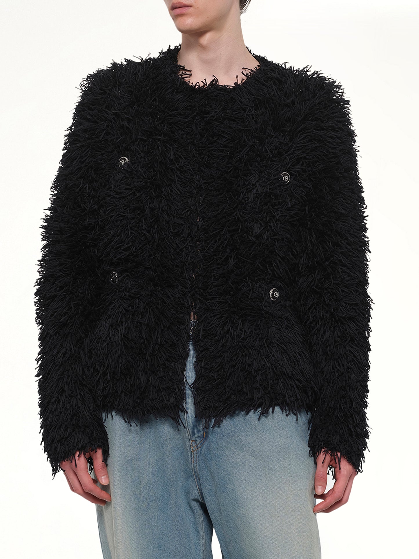 Straw Tweed Knit Cardigan in Black