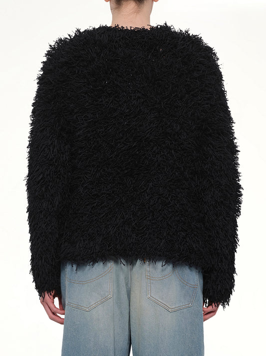 Straw Tweed Knit Cardigan in Black