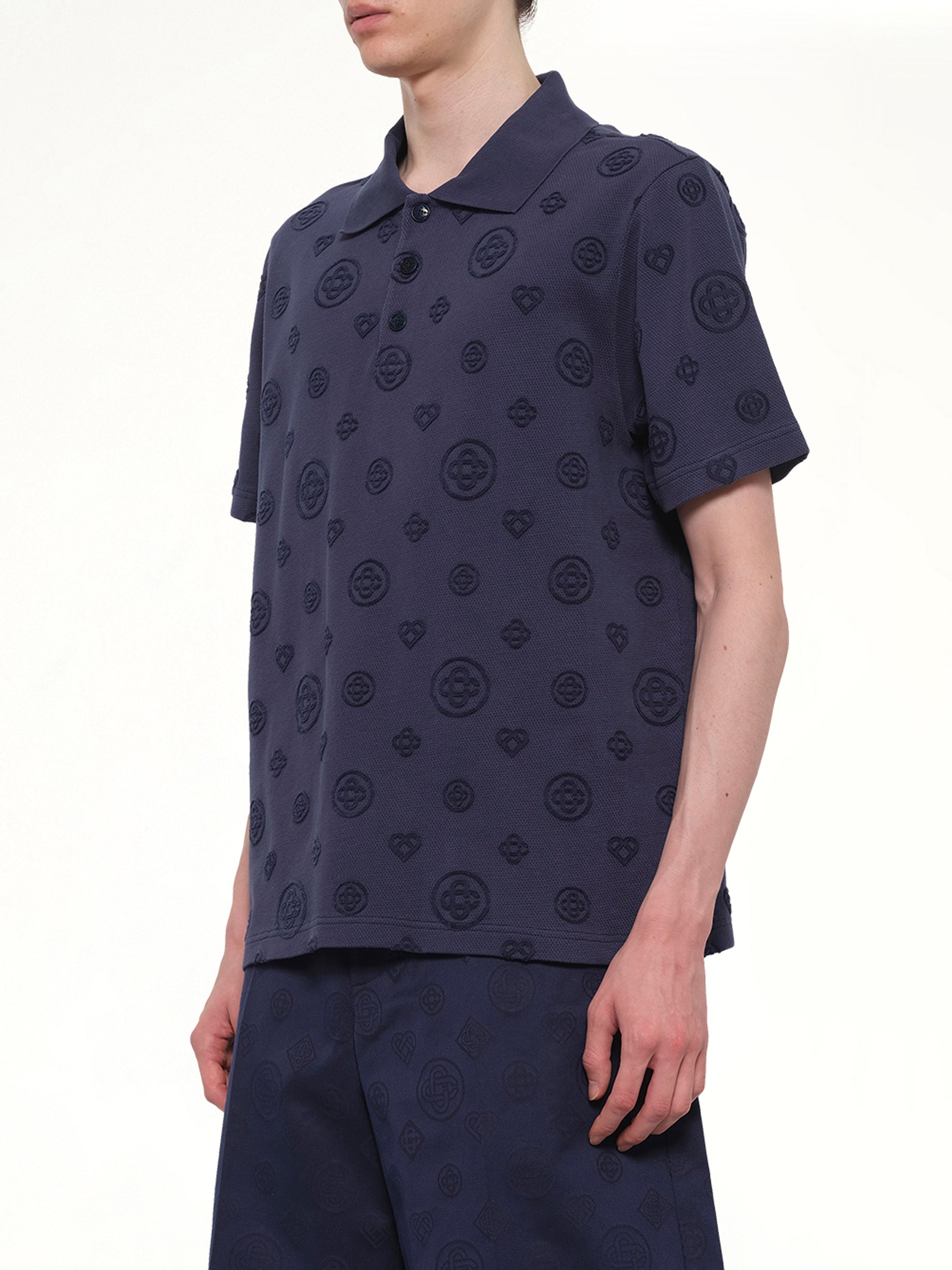 CASABLANCA Applique Monogram Polo in Navy Side View from MARAIS