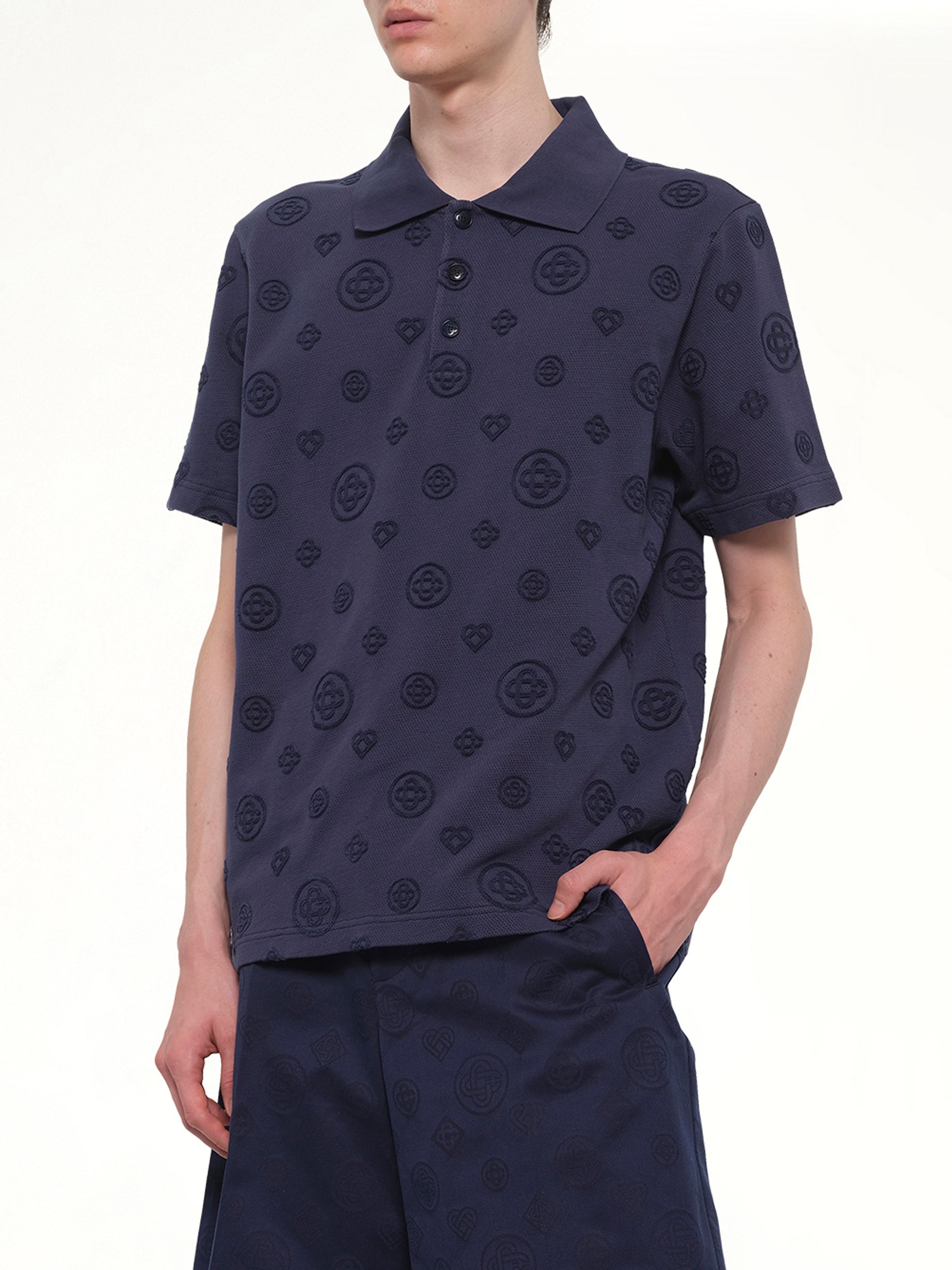 CASABLANCA Applique Monogram Polo in Navy Detail Shot from MARAIS