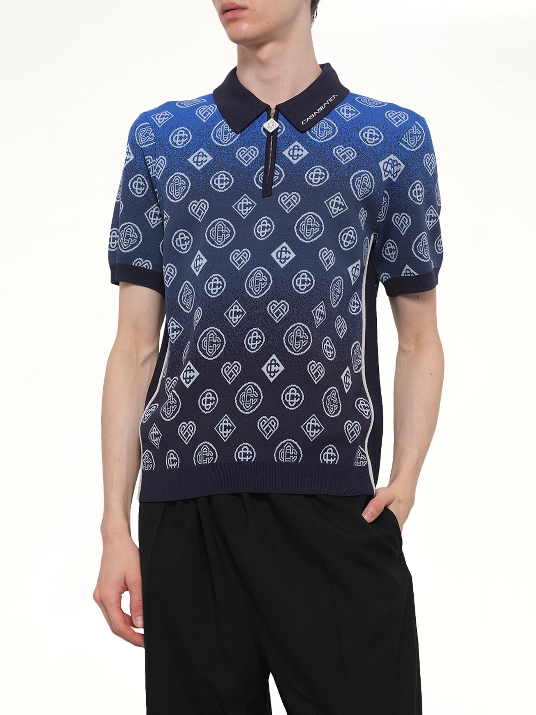 CASABLANCA Gradient Monogram Polo Shirt in Blue Detail Shot from MARAIS