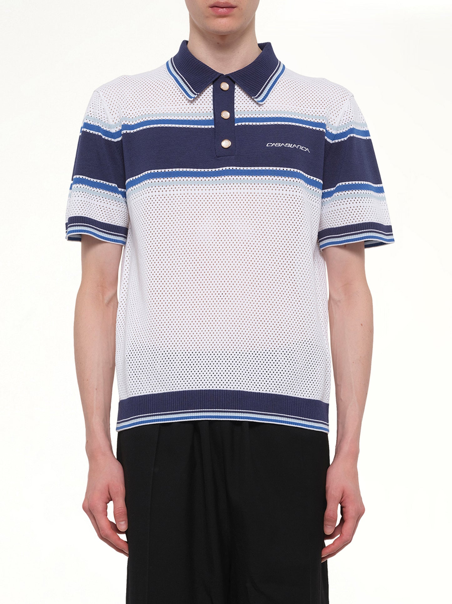 Mesh Stripe Polo in Navy/White