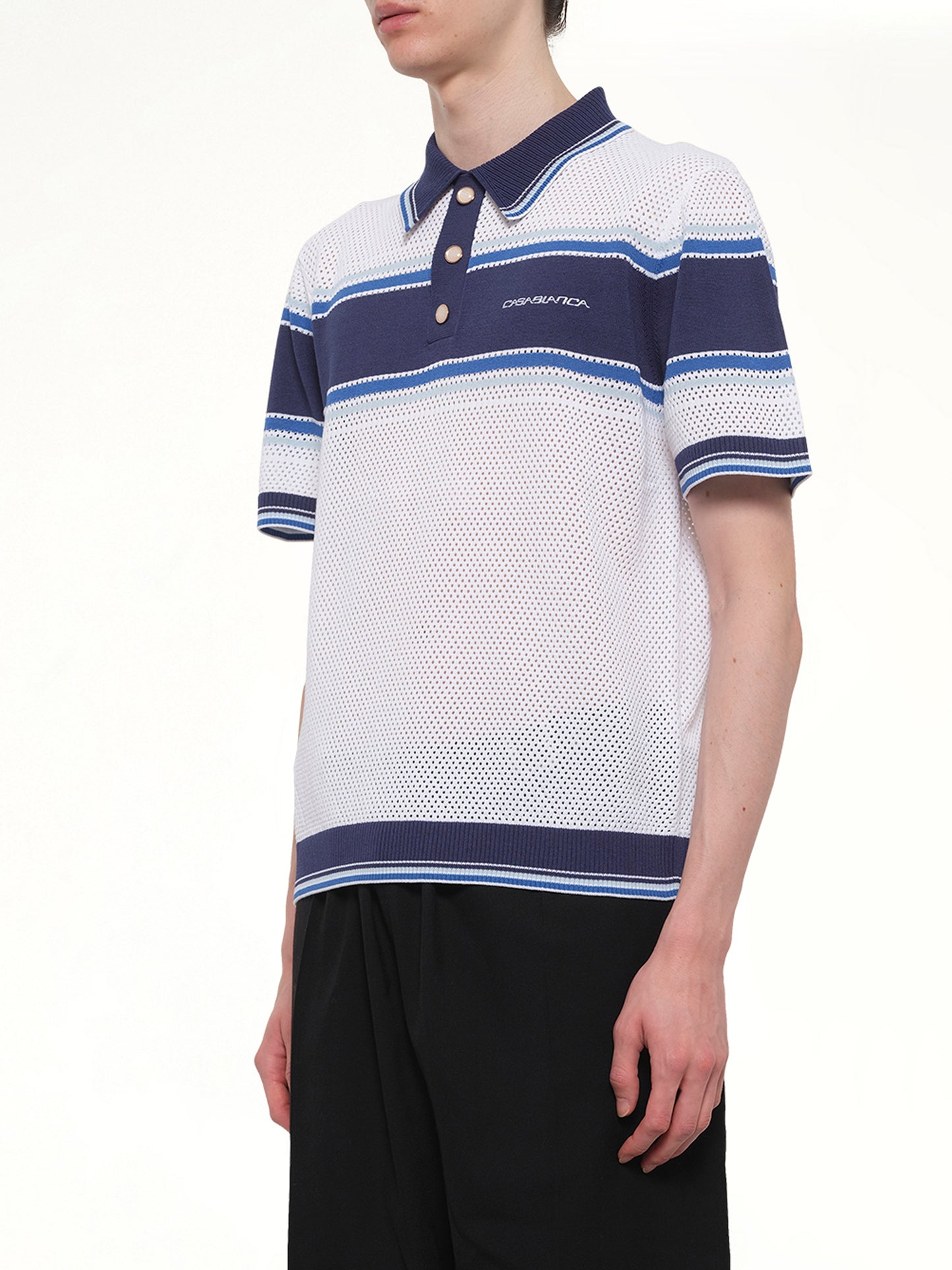 Mesh Stripe Polo in Navy/White