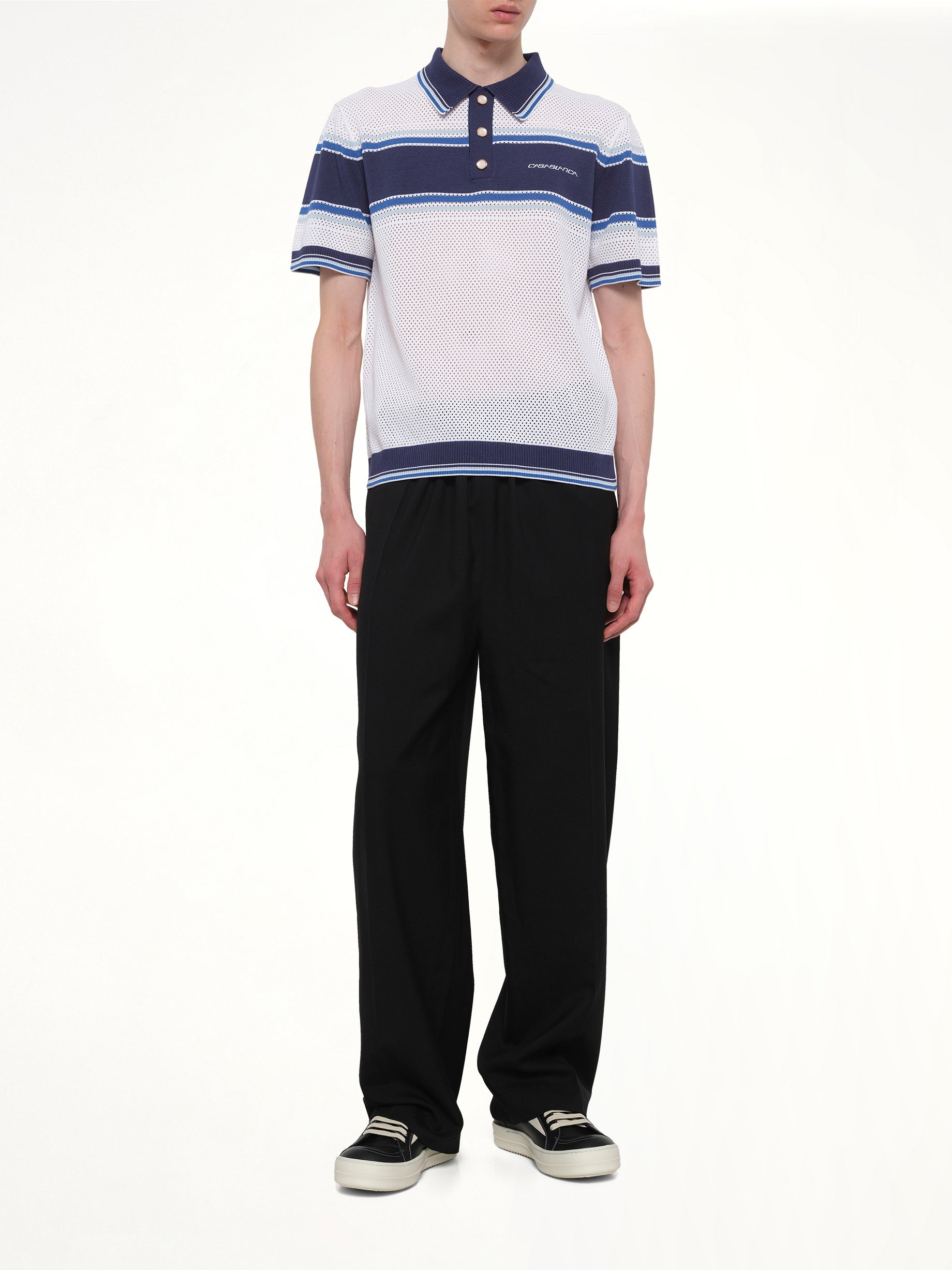 Mesh Stripe Polo in Navy/White