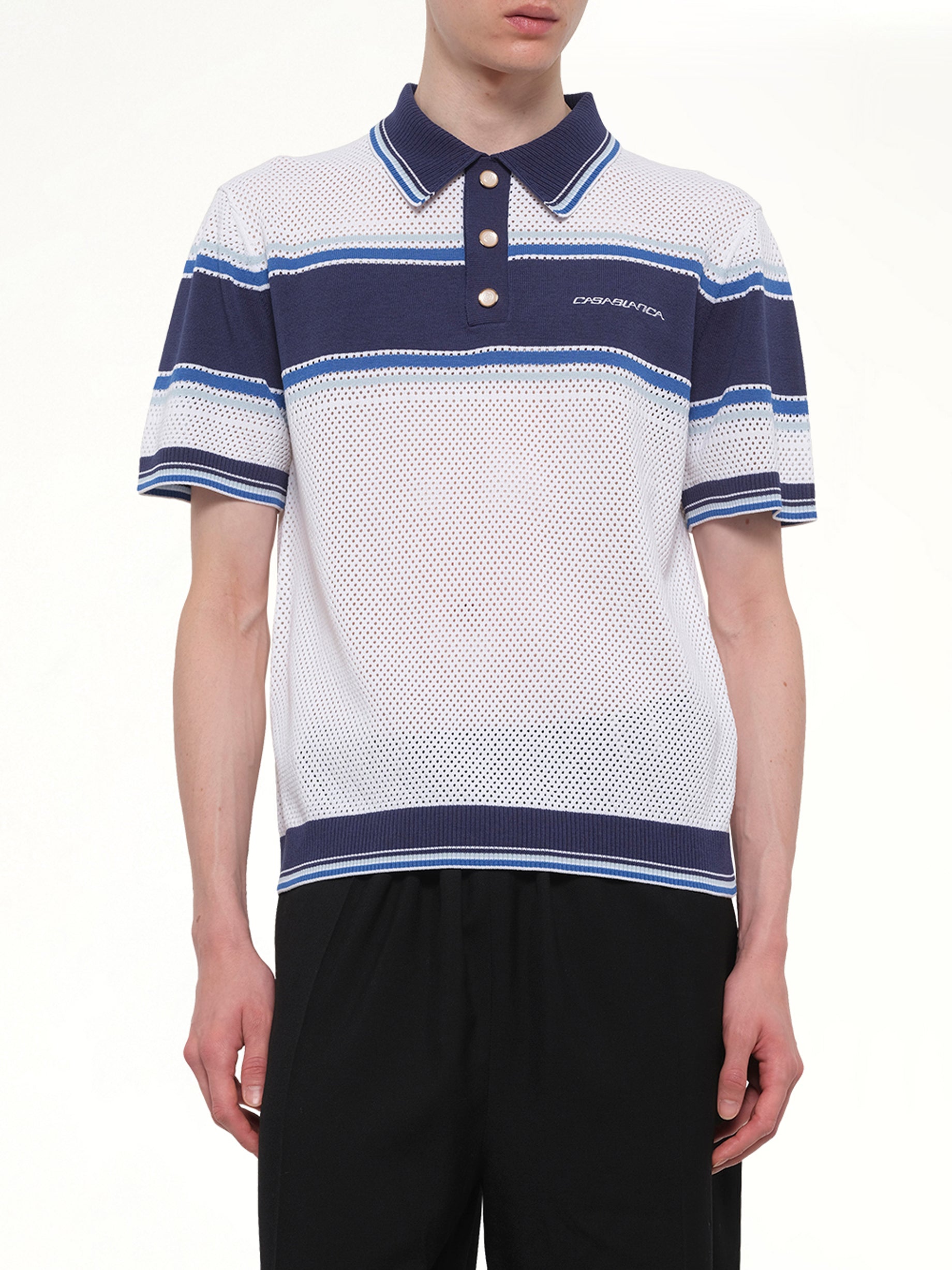 CASABLANCA Mesh Stripe Polo in Navy/White Detail Shot from MARAIS