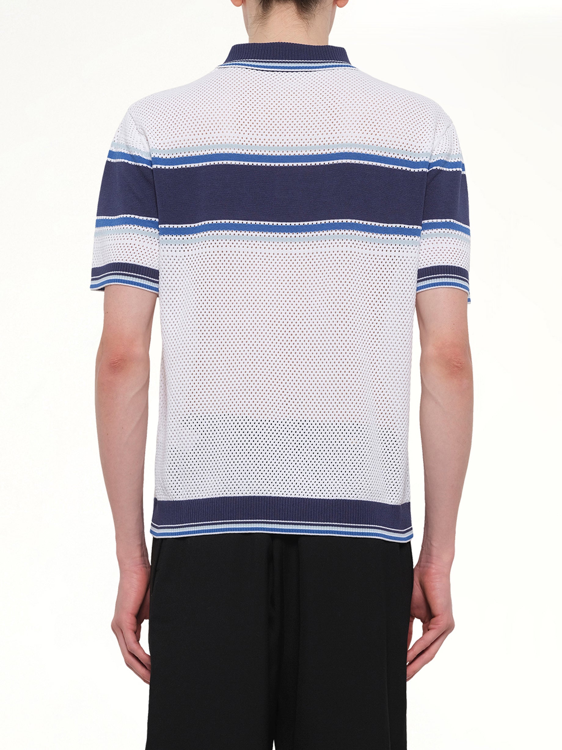 CASABLANCA Mesh Stripe Polo in Navy/White Back View from MARAIS