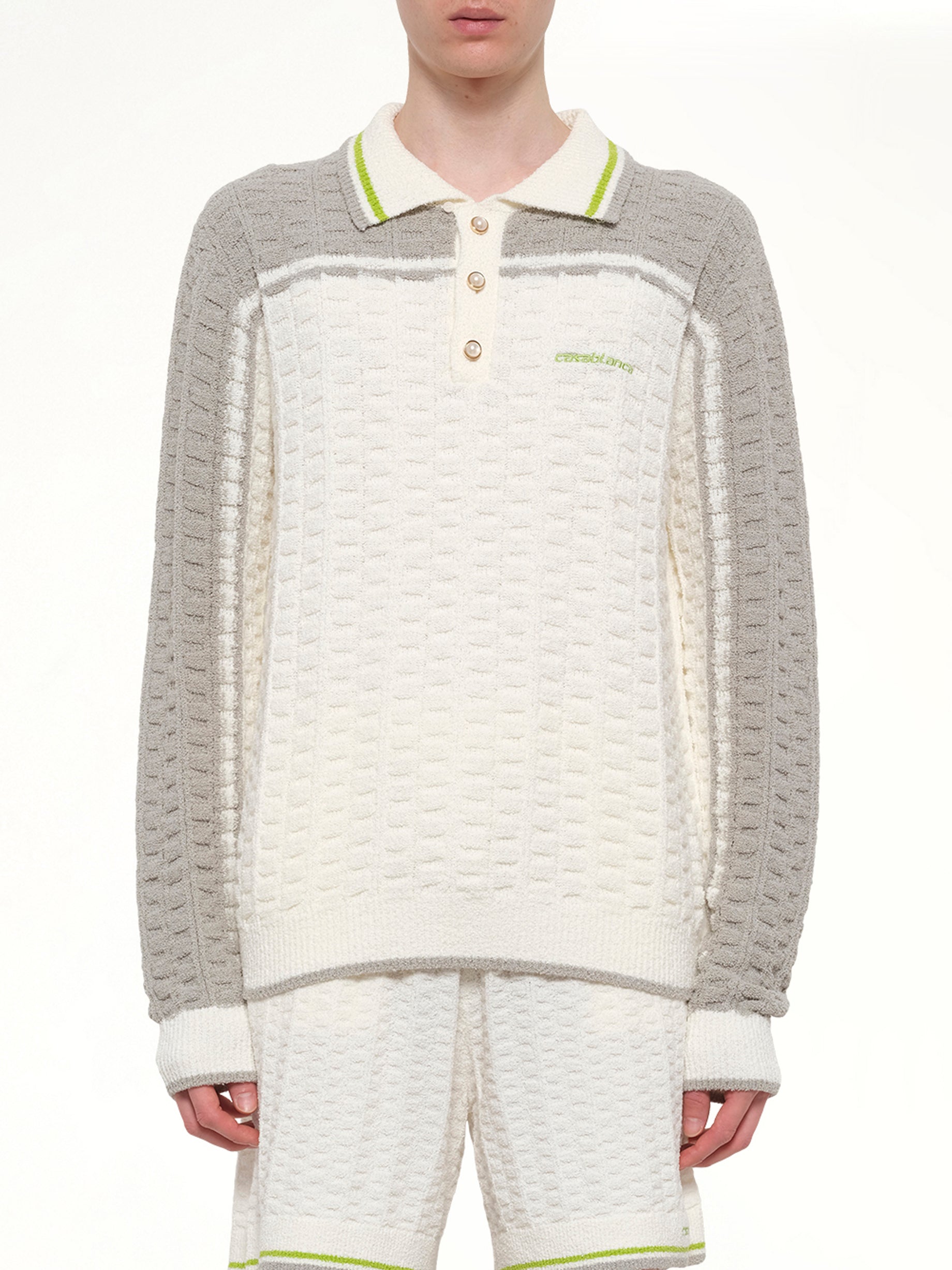 Tennis Boucle Long Sleeve Polo Shirt in White