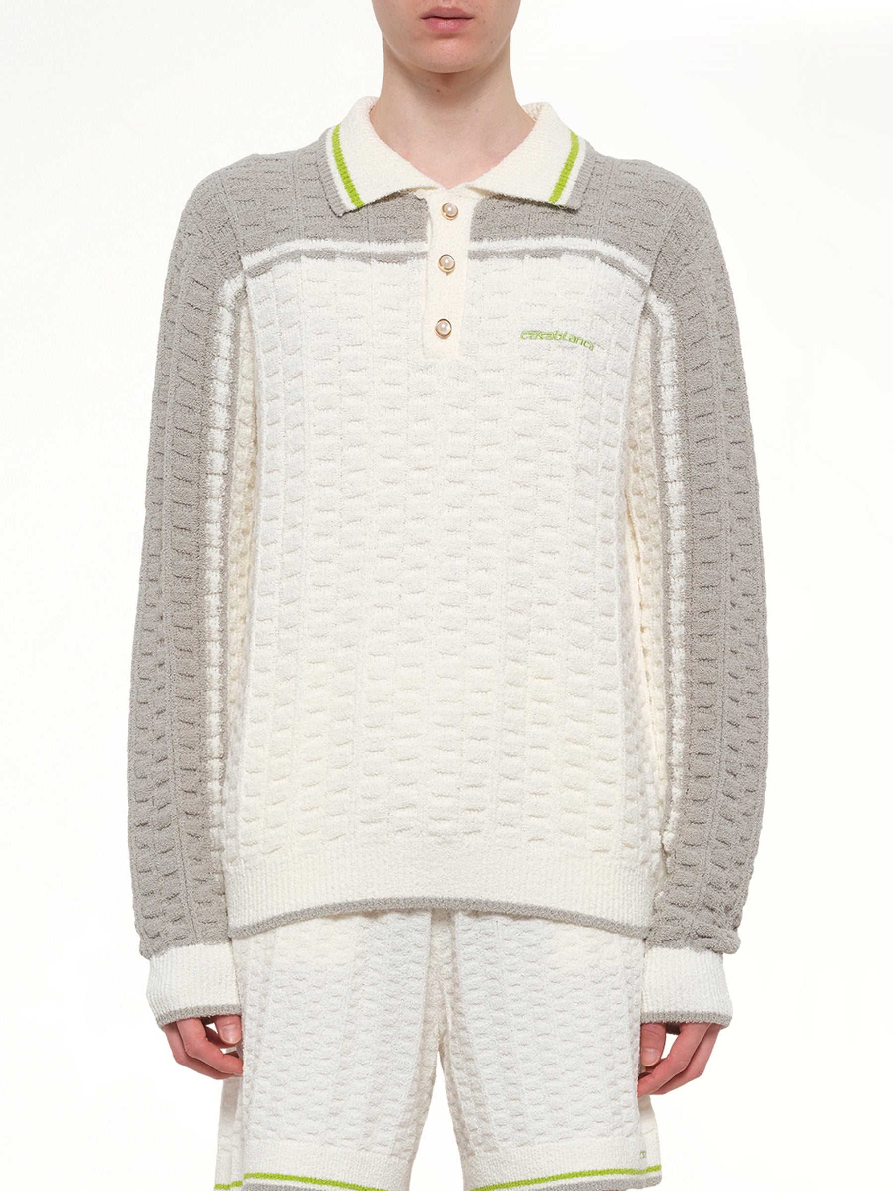 Tennis Boucle Long Sleeve Polo Shirt in White