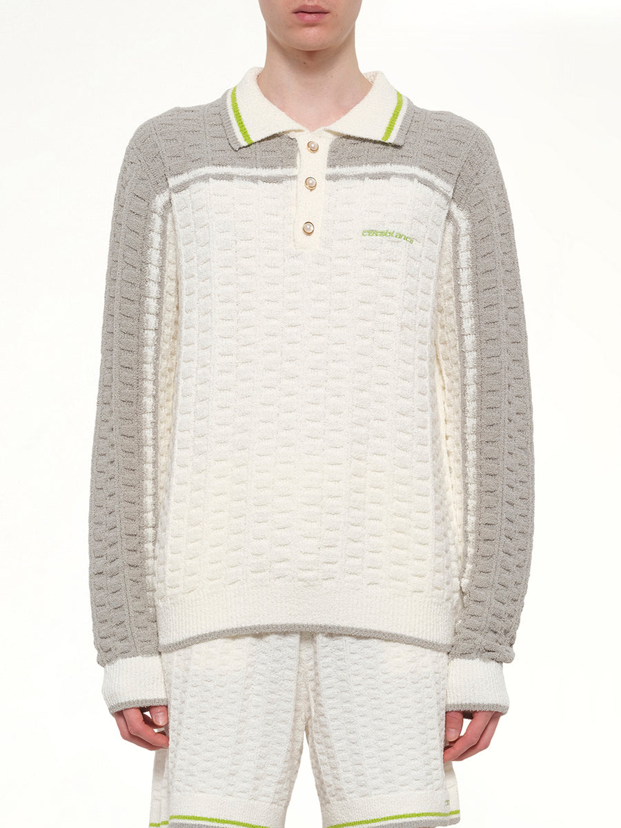 Tennis Boucle Long Sleeve Polo Shirt in White