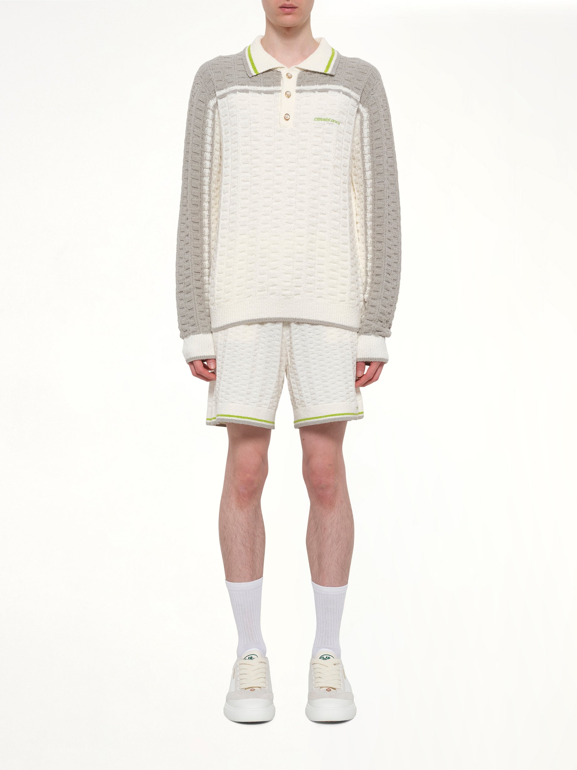 Tennis Boucle Long Sleeve Polo Shirt in White