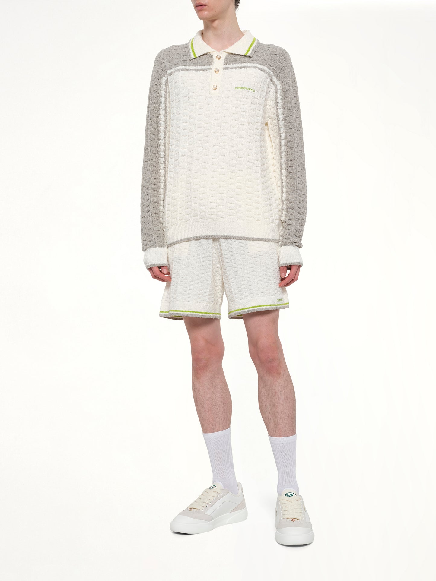 Tennis Boucle Long Sleeve Polo Shirt in White